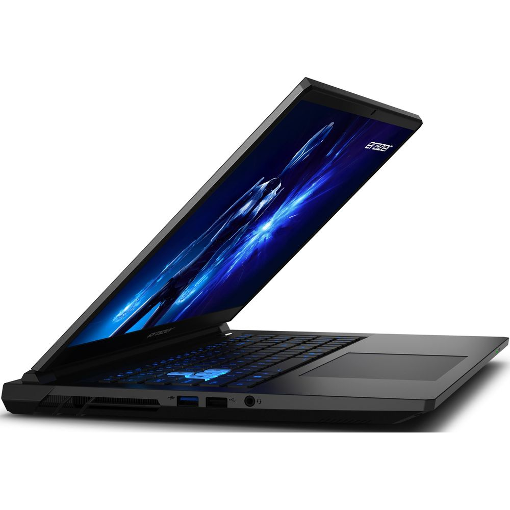 Ein schwarzer Laptop mit beleuchteter blauer Tastatur und einem abstrakten blauen Hintergrund auf dem Bildschirm.