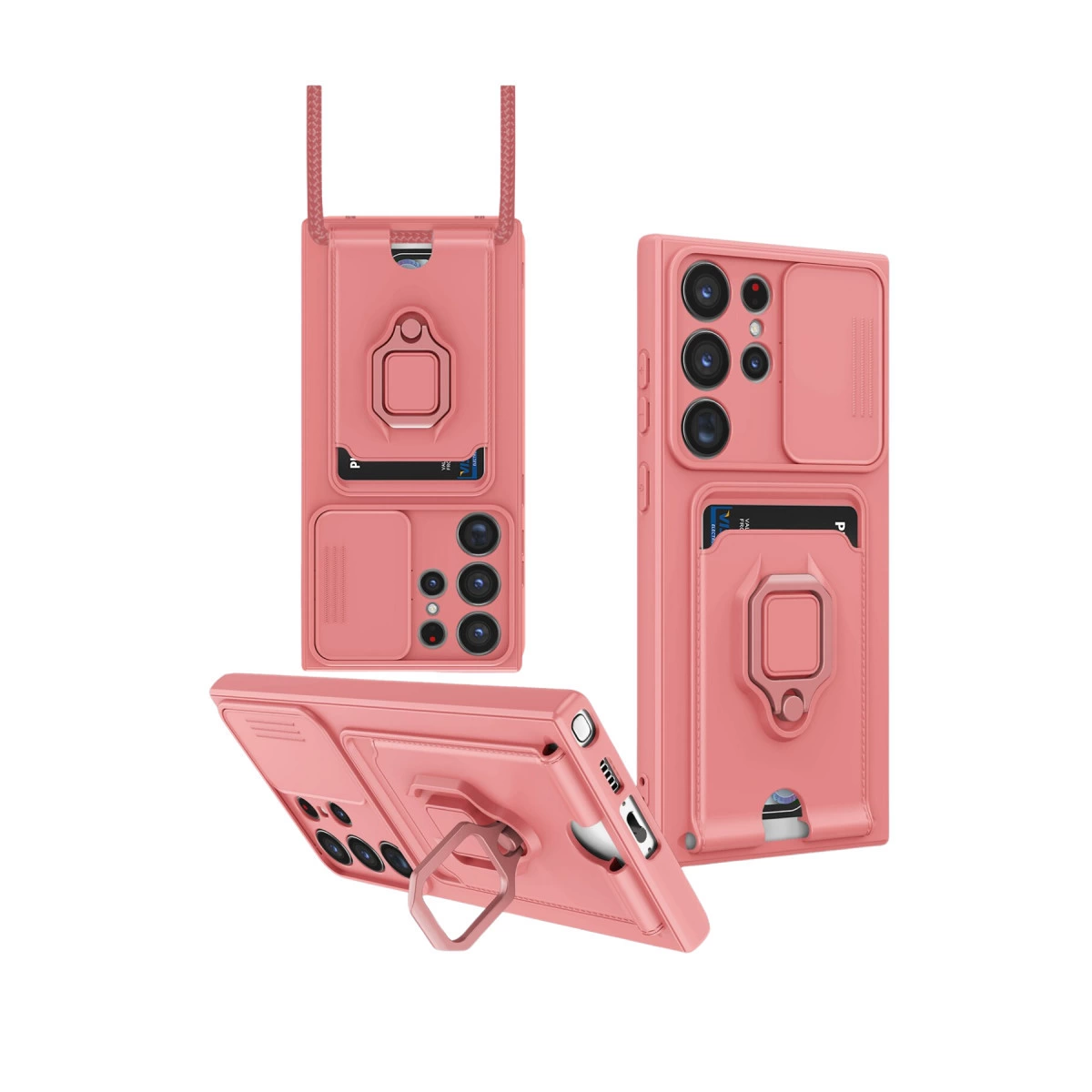 Kart yuvalı, halka tutuculu ve kamera kapaklı pembe telefon kılıfı.