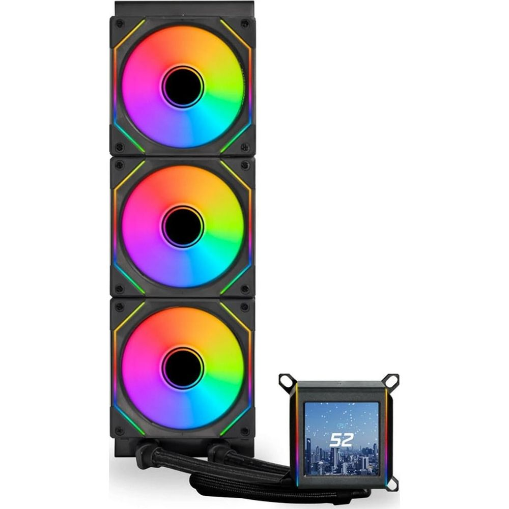 Un dissipatore CPU nero con tre ventole RGB e un piccolo display.