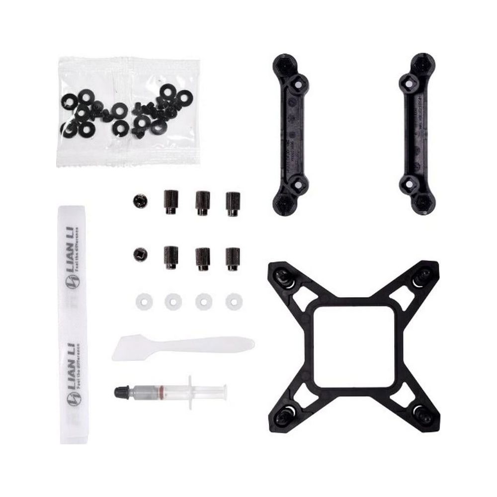 Kit di raffreddamento per computer con viti, staffe, pasta termica e attrezzi.
