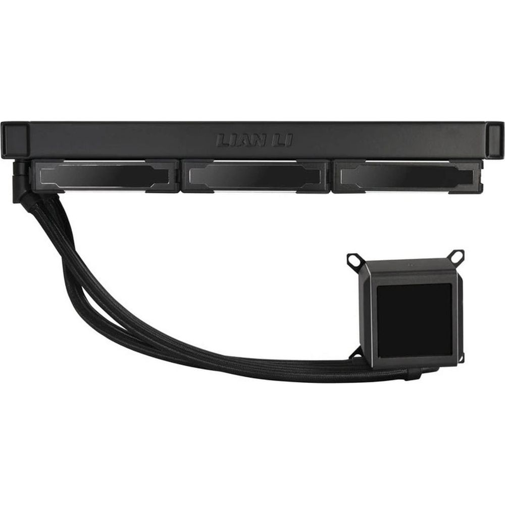 Raffreddatore PC nero con tre aperture ventola e alloggiamento pompa.
