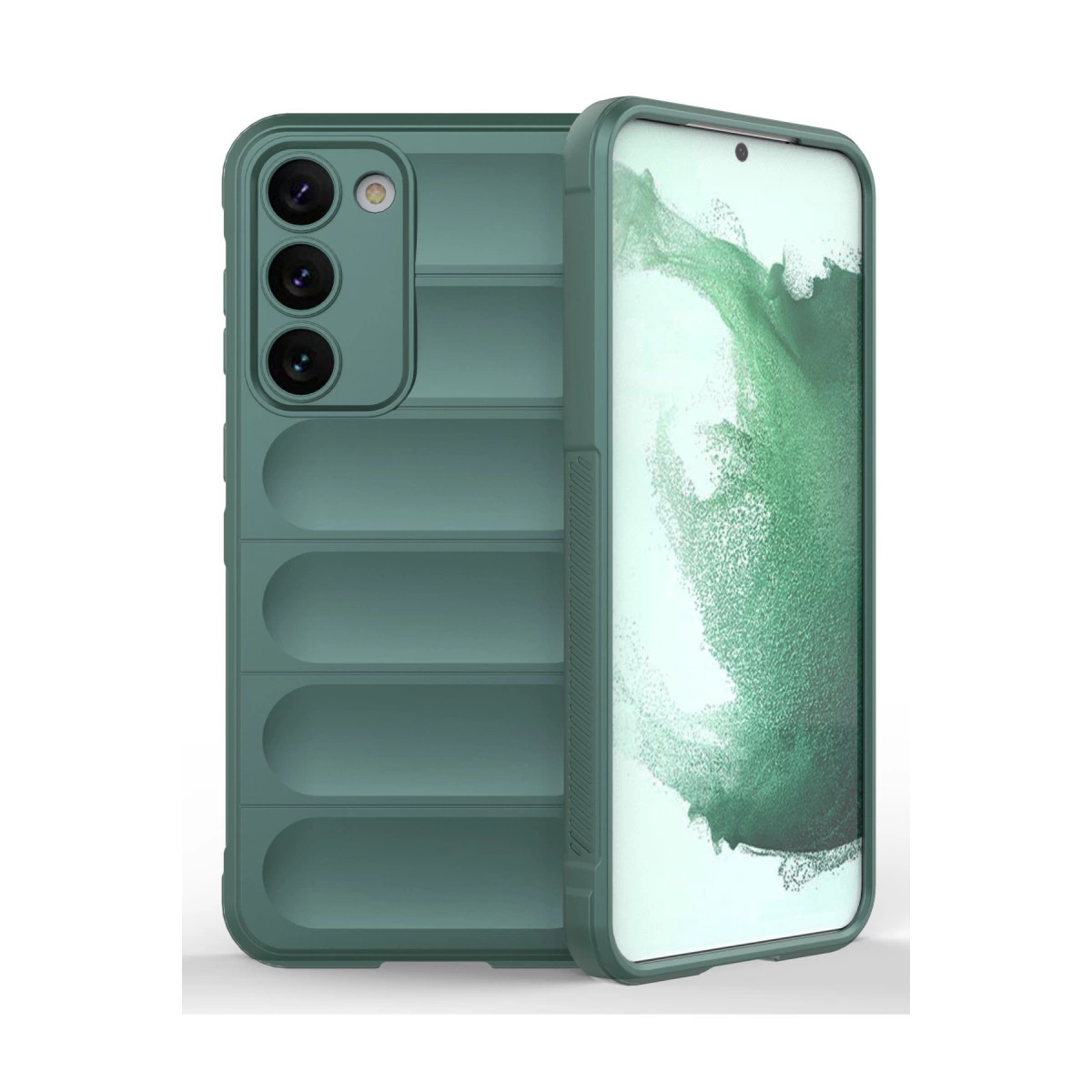 Kameralı ve oluklu yeşil telefon kılıfı; yanında yeşil desenli telefon.