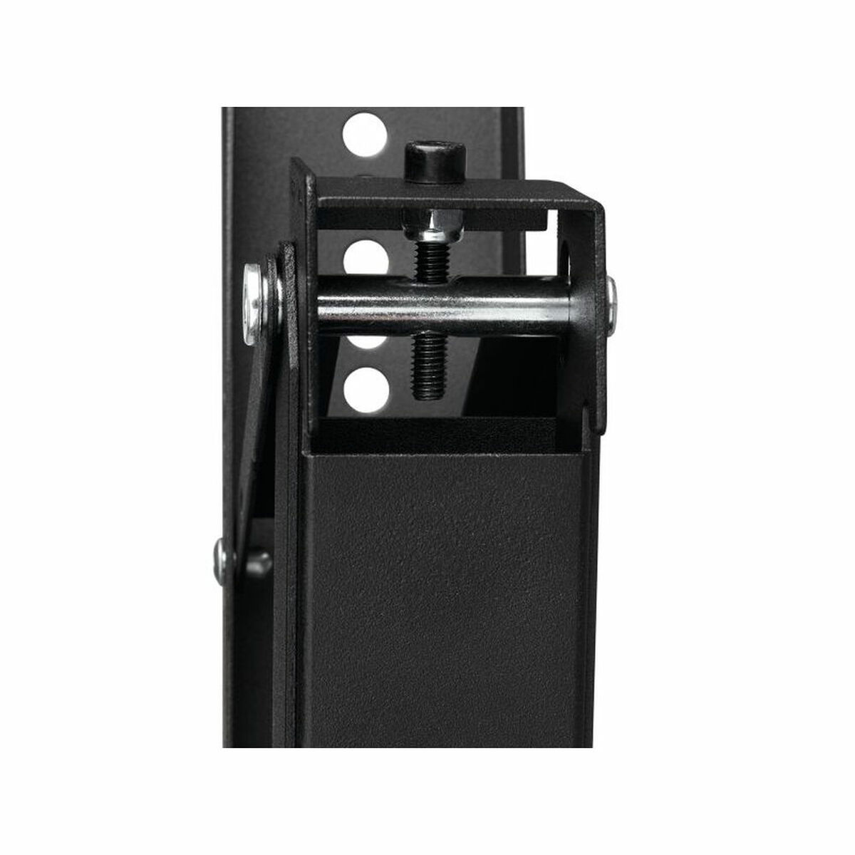 Support métallique noir avec boulon et vis sur fond blanc.