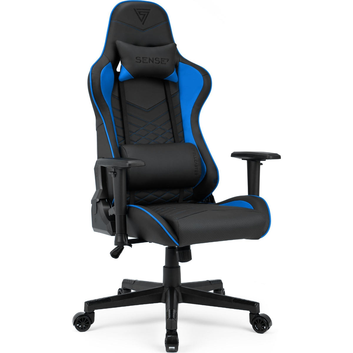 Sedia da gaming nera con accenti blu, poggiatesta e supporto lombare.