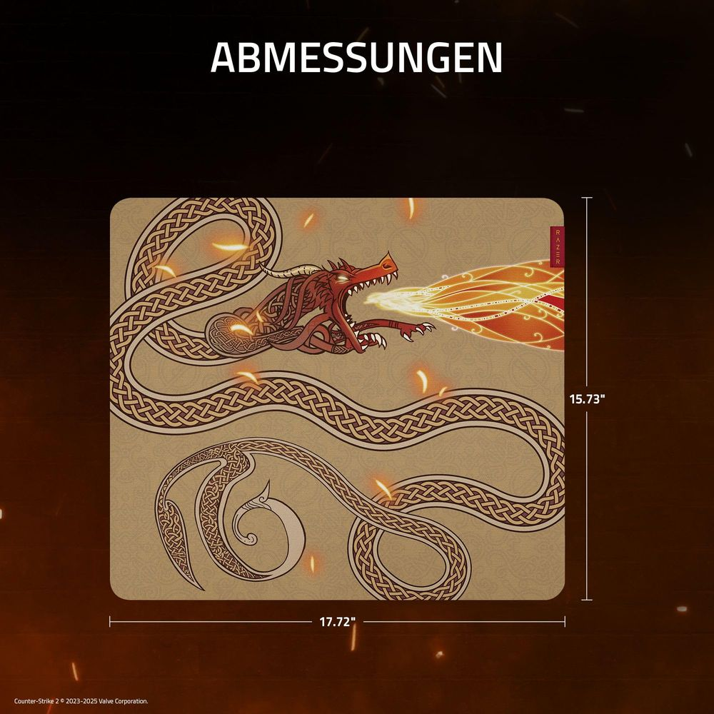 Un dragon rouge crache du feu, avec des motifs de nœuds celtiques sur fond beige.