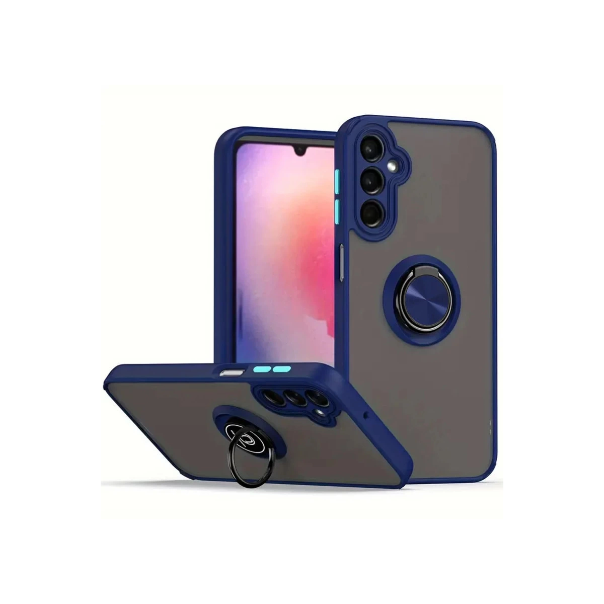 Mavi kenarlı ve halka tutuculu iki koyu gri telefon kılıfı.