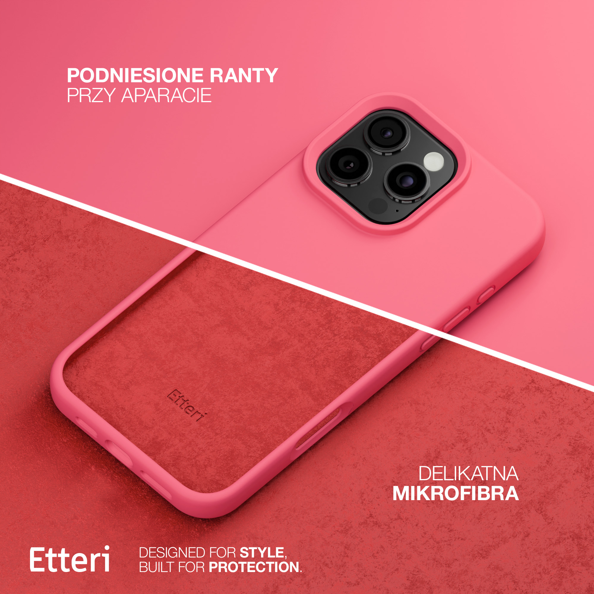 Różowe etui na telefon z modułem aparatu na czerwonym tle.