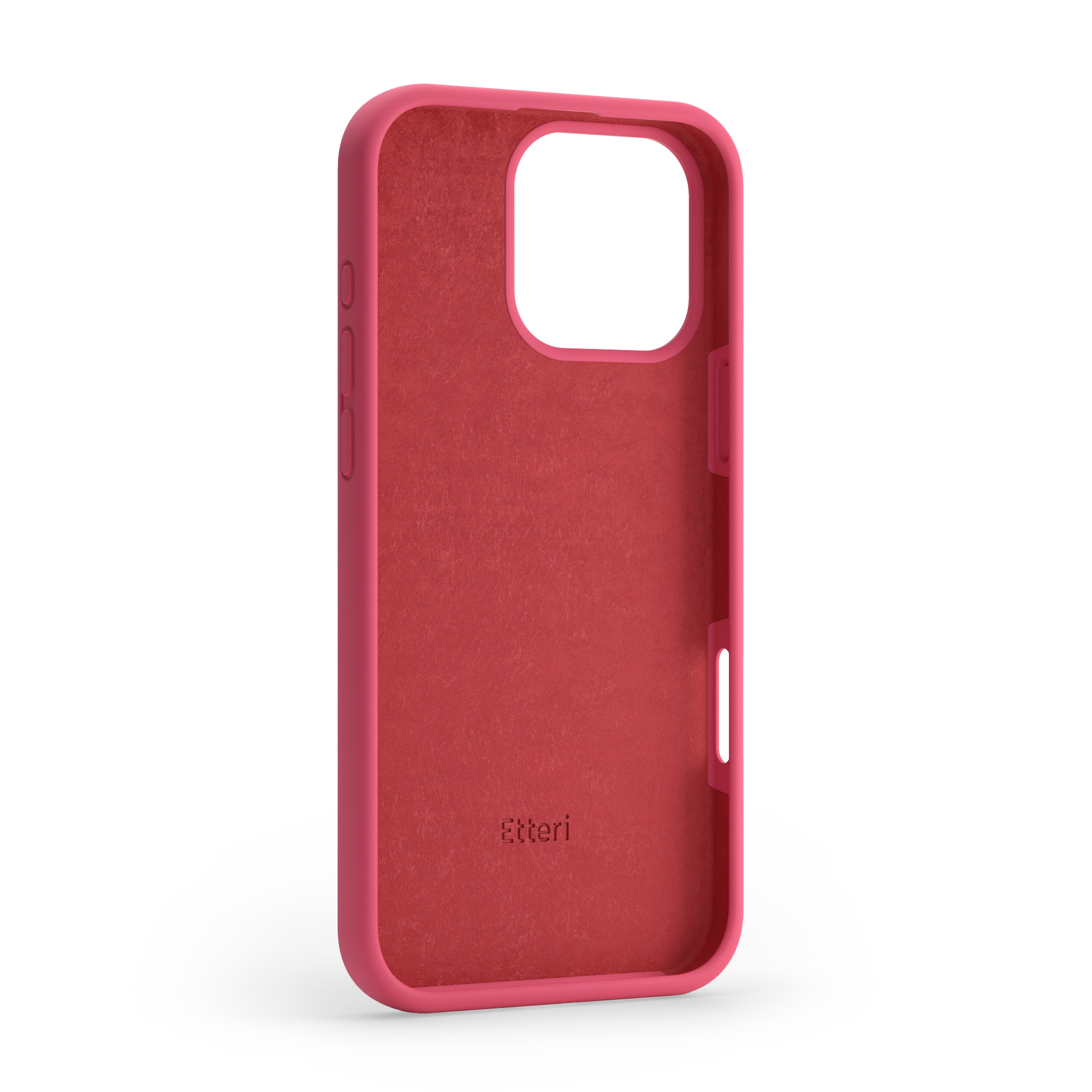Czerwone etui na telefon z wycięciem na aparat i logo.