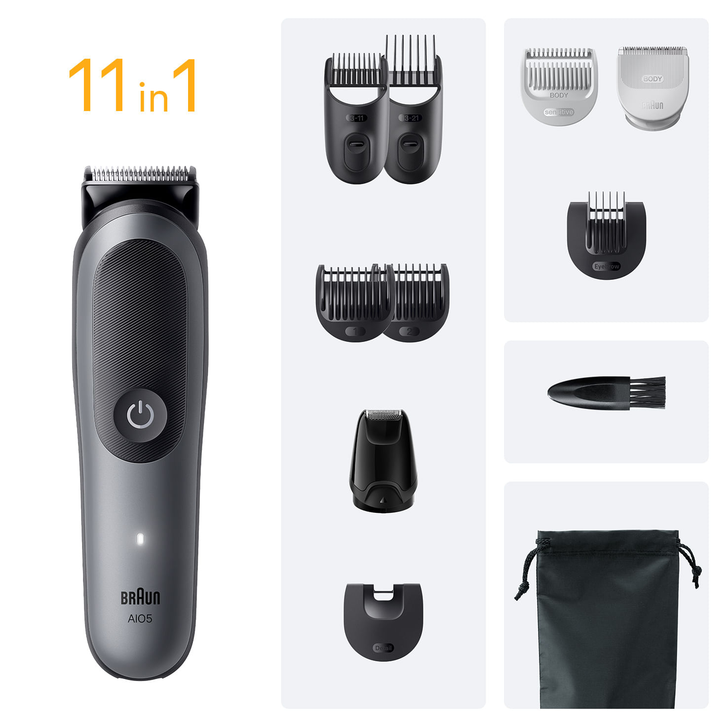 Rasoio Braun con 11 accessori, base di ricarica e custodia.