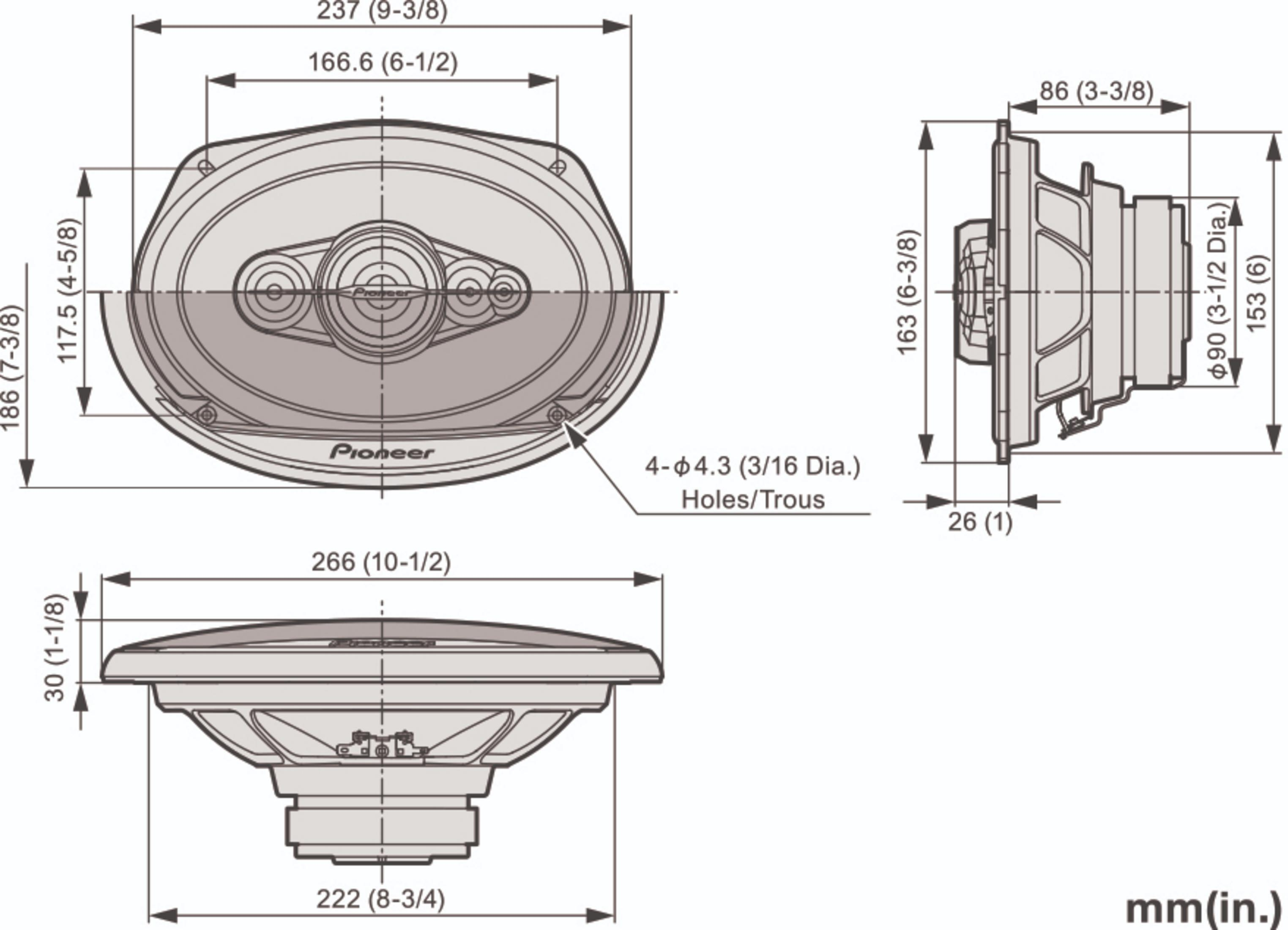 Dessin technique d'un haut-parleur avec dimensions.