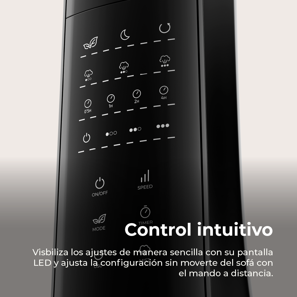 Primer plano de un panel de control negro con iconos de configuración de ventilador y pantalla LED.