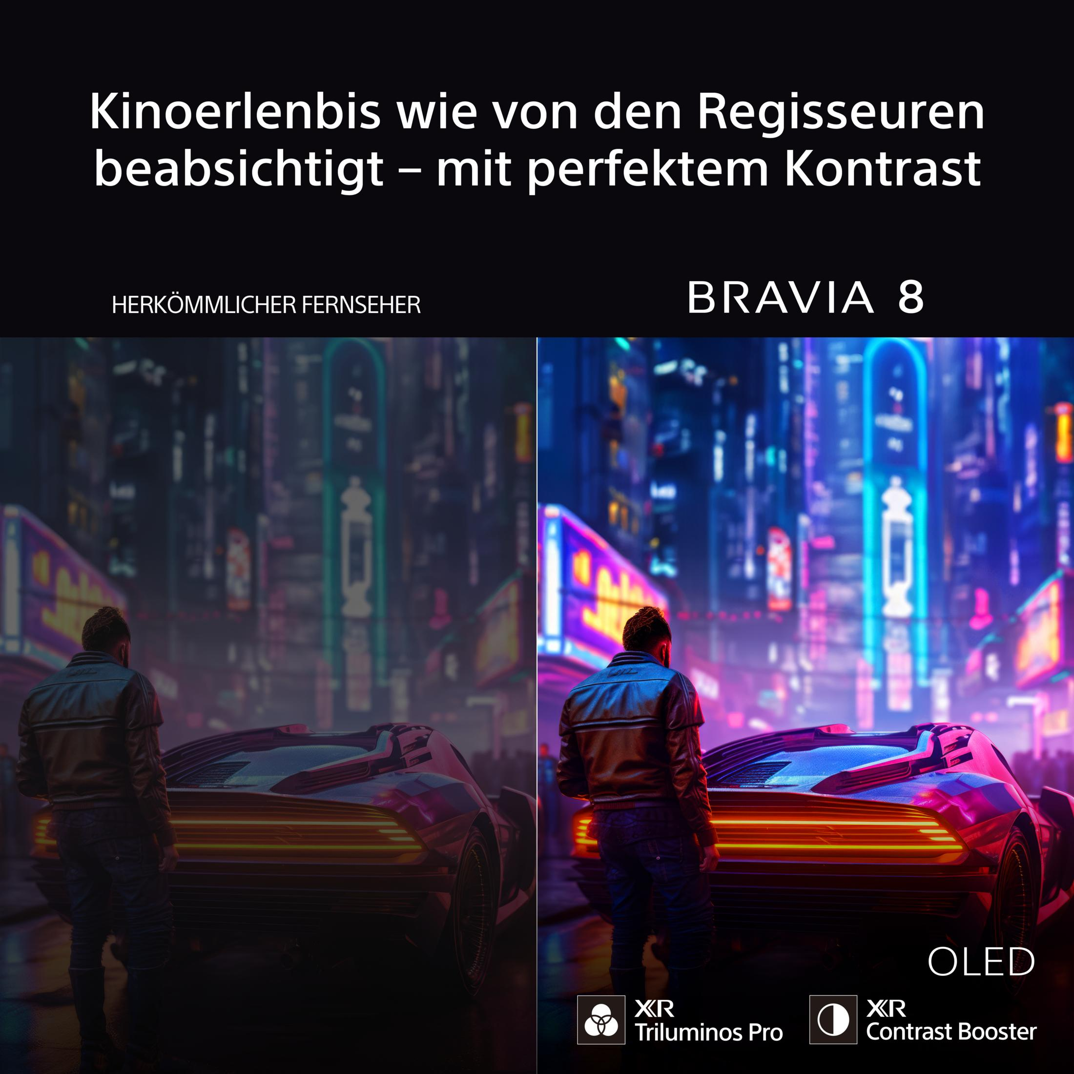 Porównanie obok siebie nocnej sceny miejskiej z neonami. Lewo: tradycyjny telewizor. Prawo: BRAVIA 8 OLED.