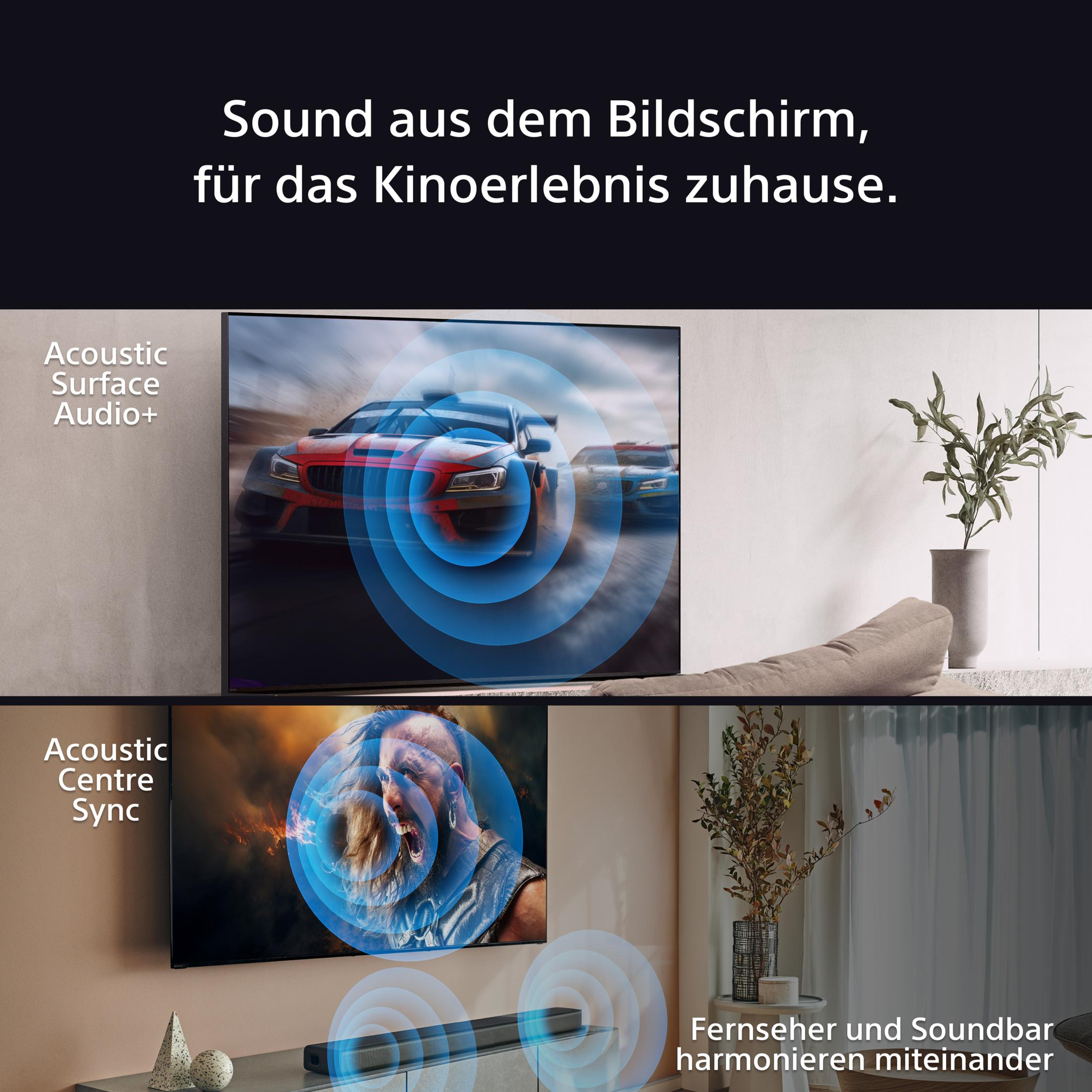 Telewizor pokazuje samochody wyścigowe i mężczyznę, fale dźwiękowe wskazują dźwięk.