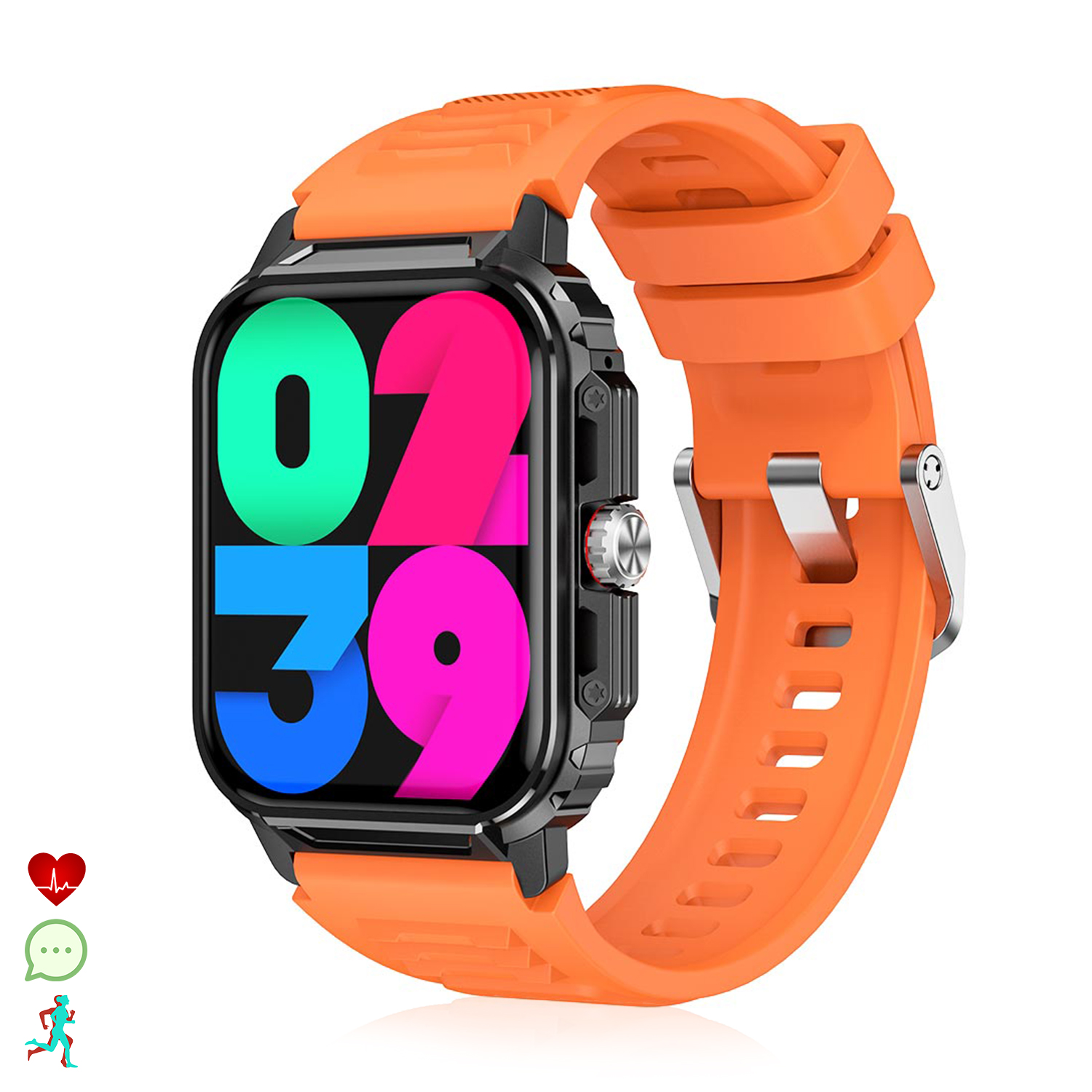 Uno smartwatch arancione con cifre colorate sul display.