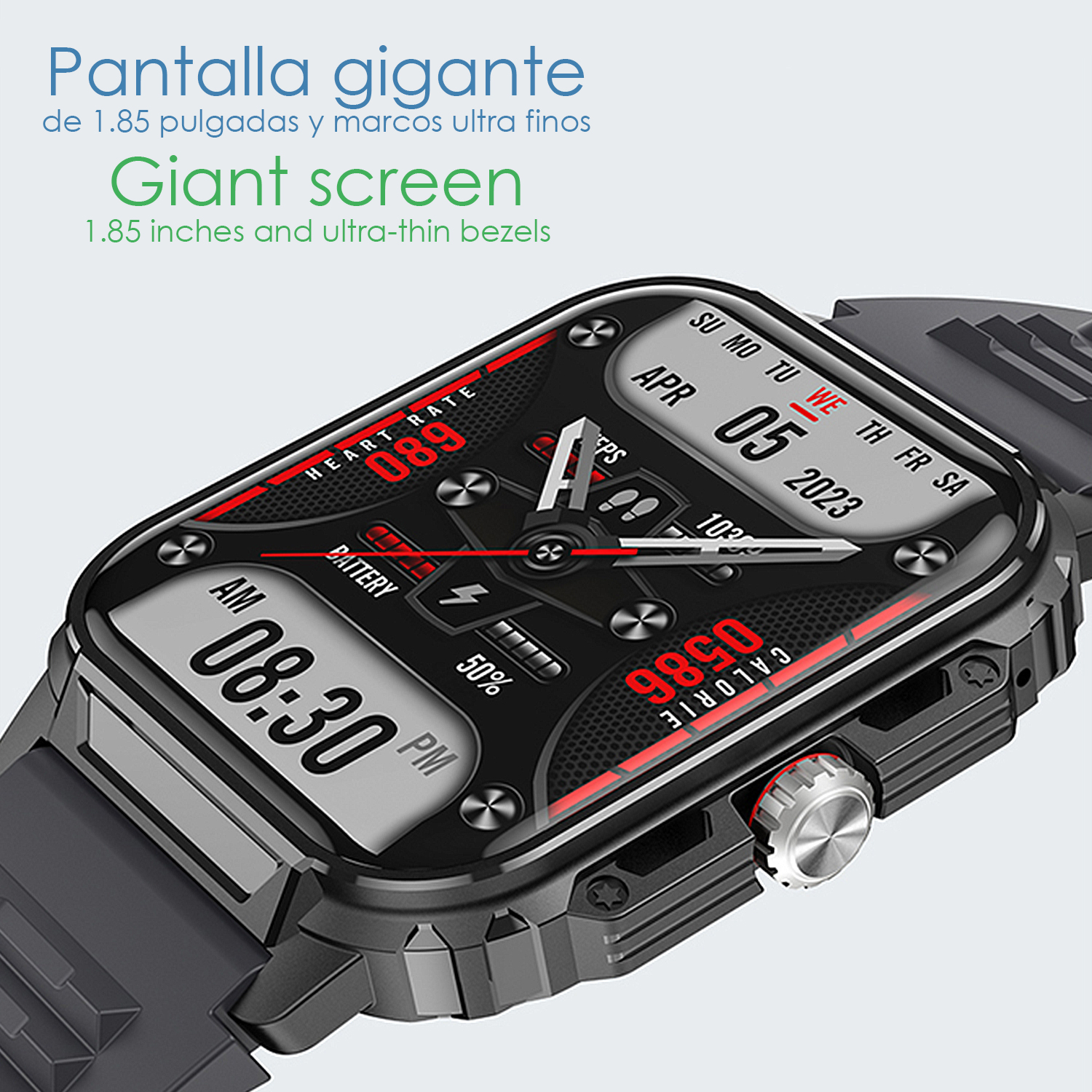 Uno smartwatch con display grande, mostra battito cardiaco, data e calorie.