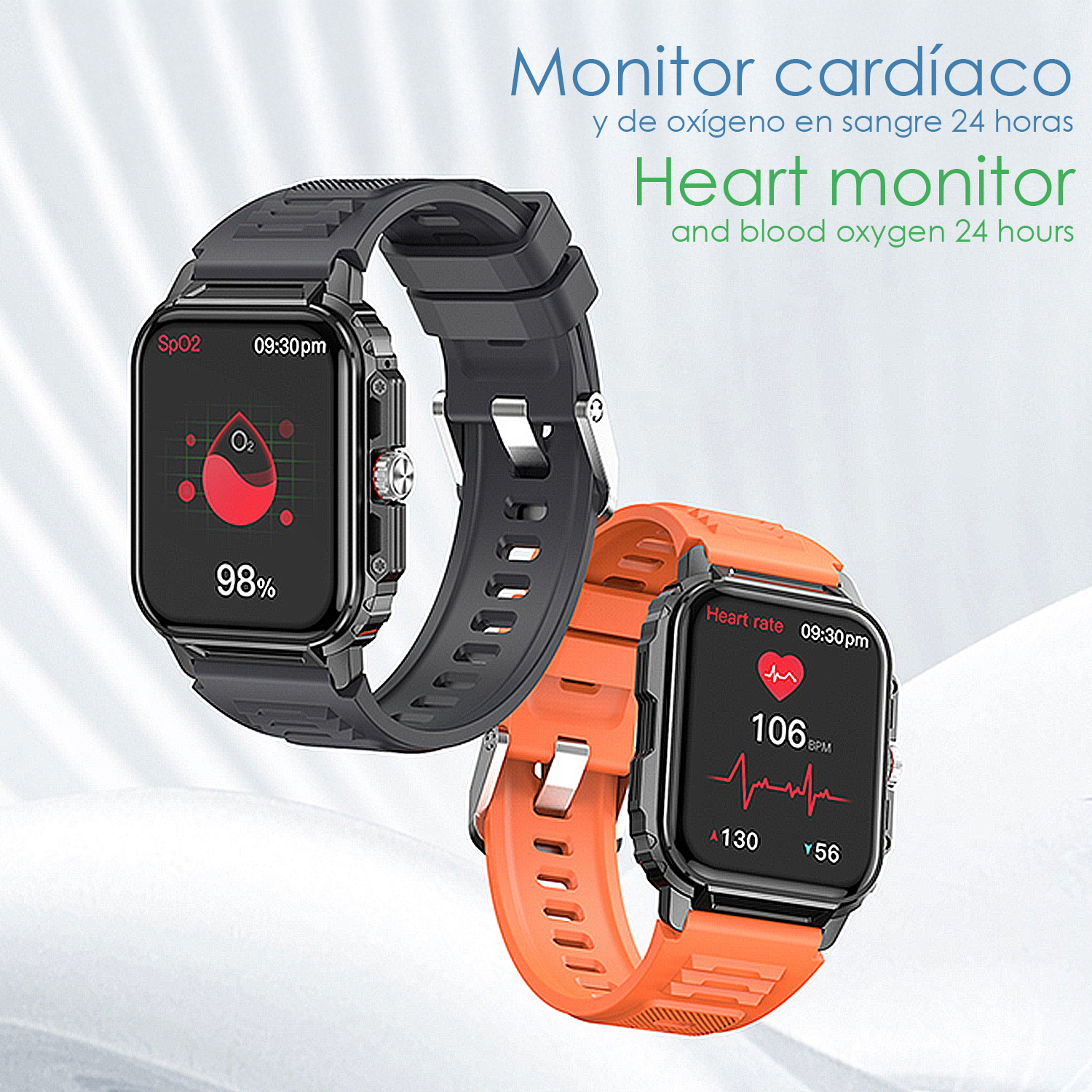 Due smartwatch: una nera mostra SpO2, una arancione mostra battito cardiaco.
