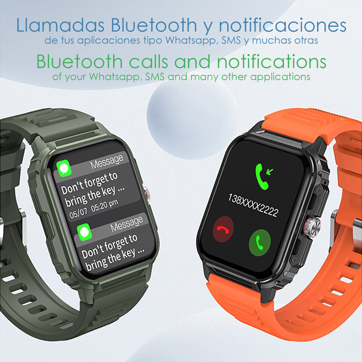 Due smartwatch: una verde con messaggi, una arancione con chiamata.