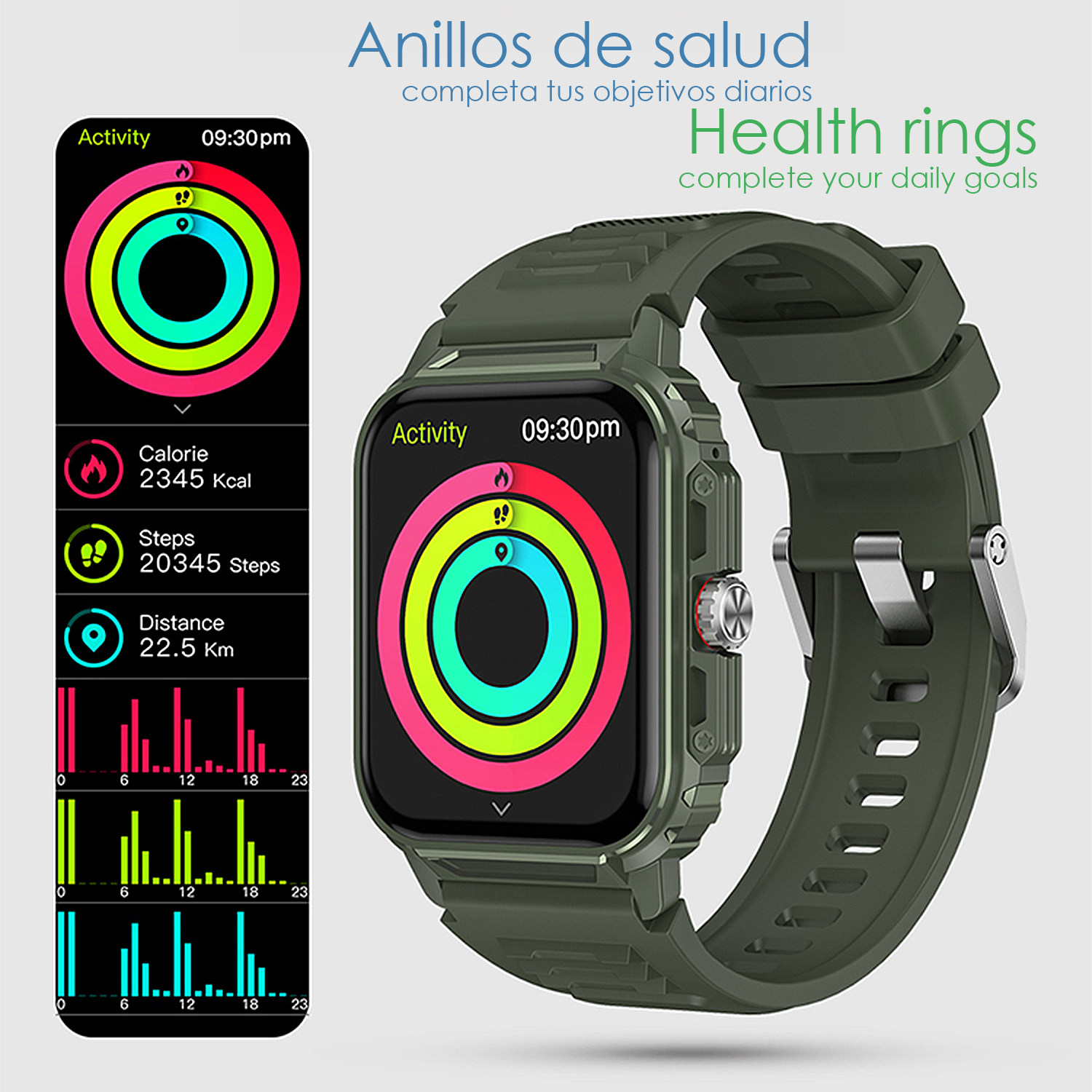 Smartwatch verde mostra anelli attività, calorie, passi e distanza.