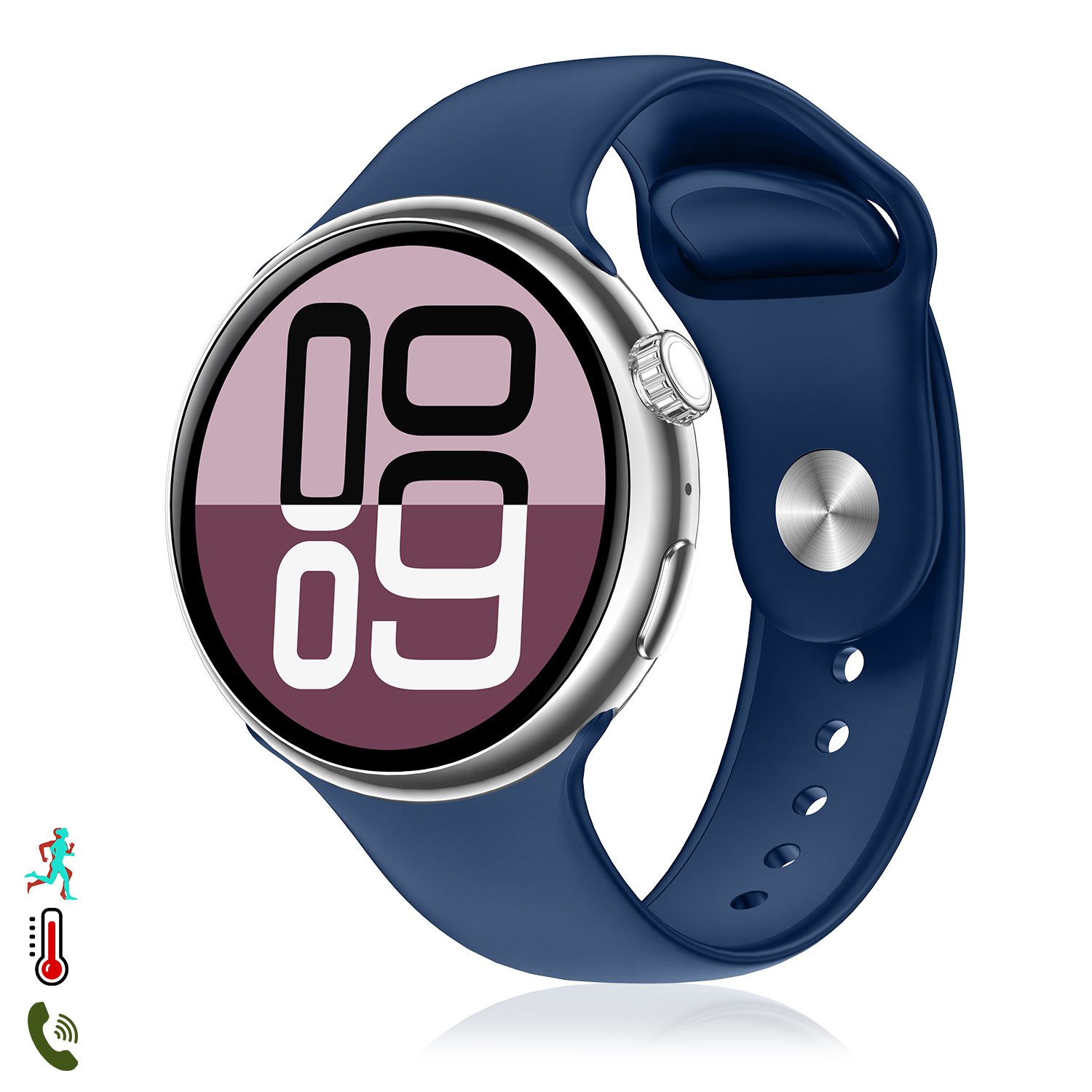 Uno smartwatch blu con cassa argentata mostra 09 sul suo schermo digitale.
