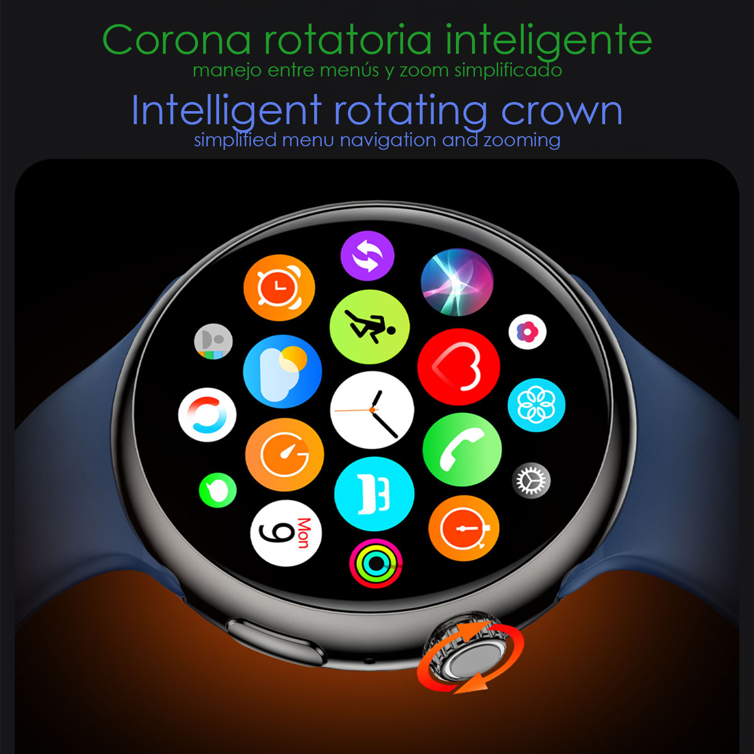 Uno smartwatch con icone di app colorate sullo schermo e una corona rotante.