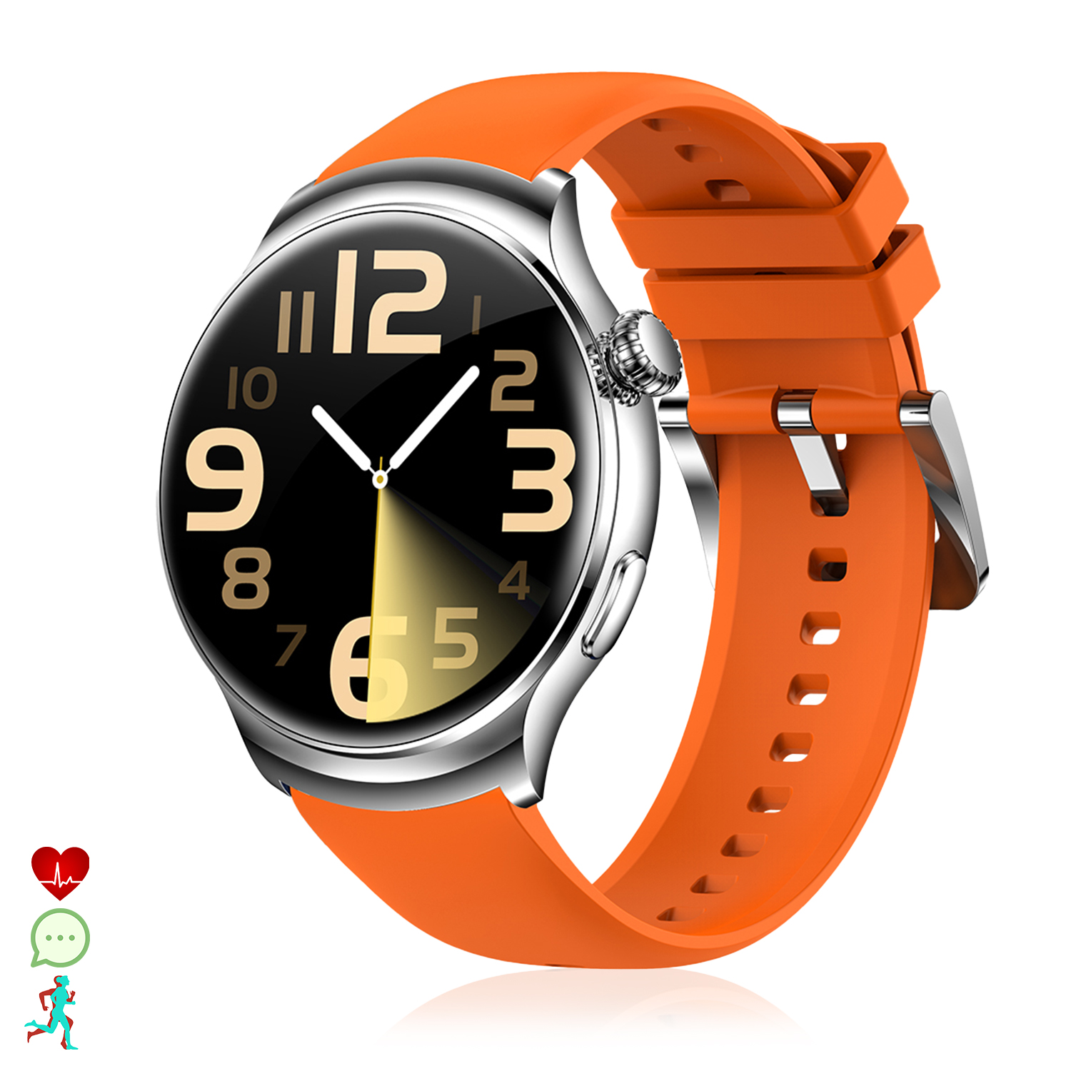 Uno smartwatch con cinturino arancione e cassa argentata su sfondo bianco.
