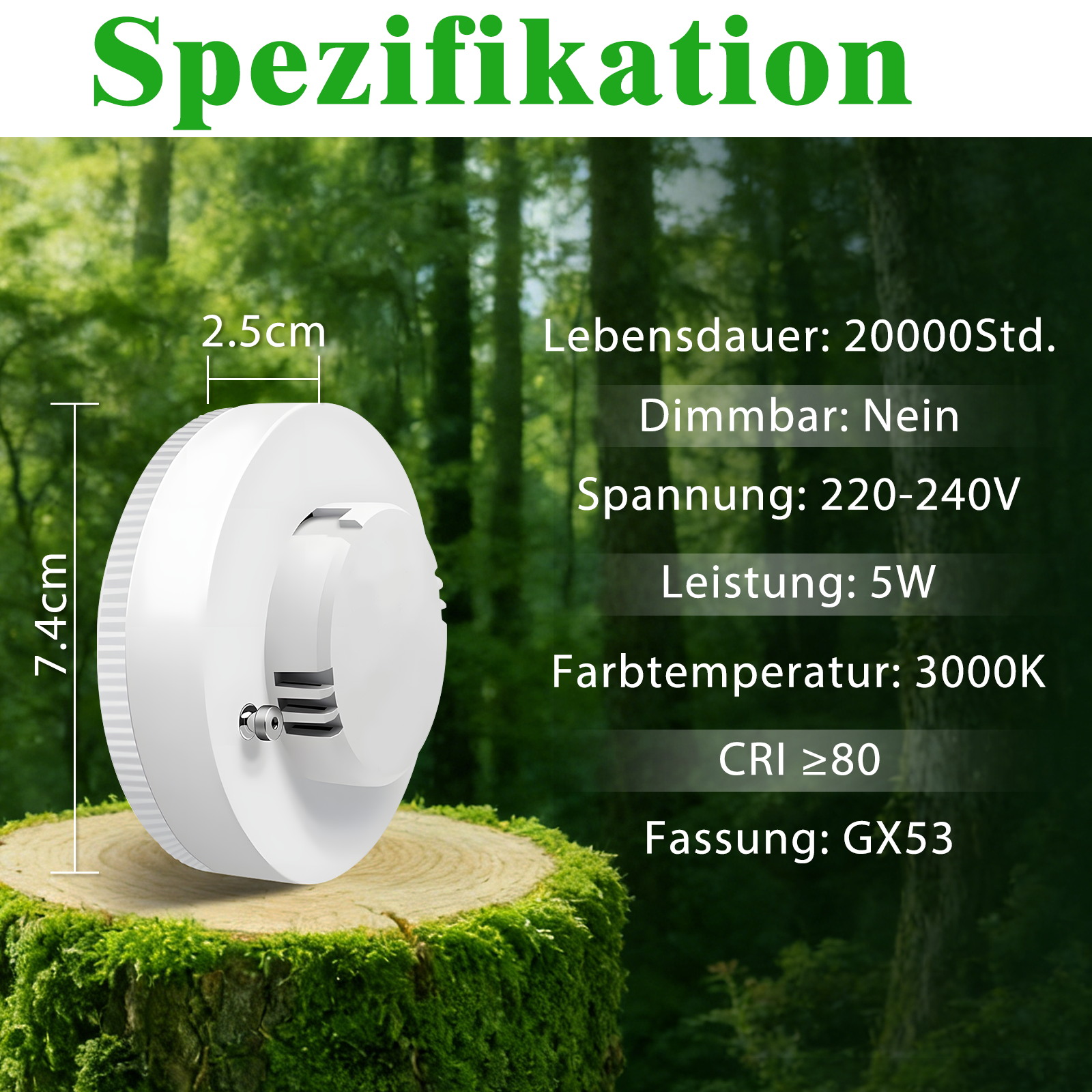 Weiße Lampe auf Baumstamm: 7.4cm H, 2.5cm B. Spezifikationen.