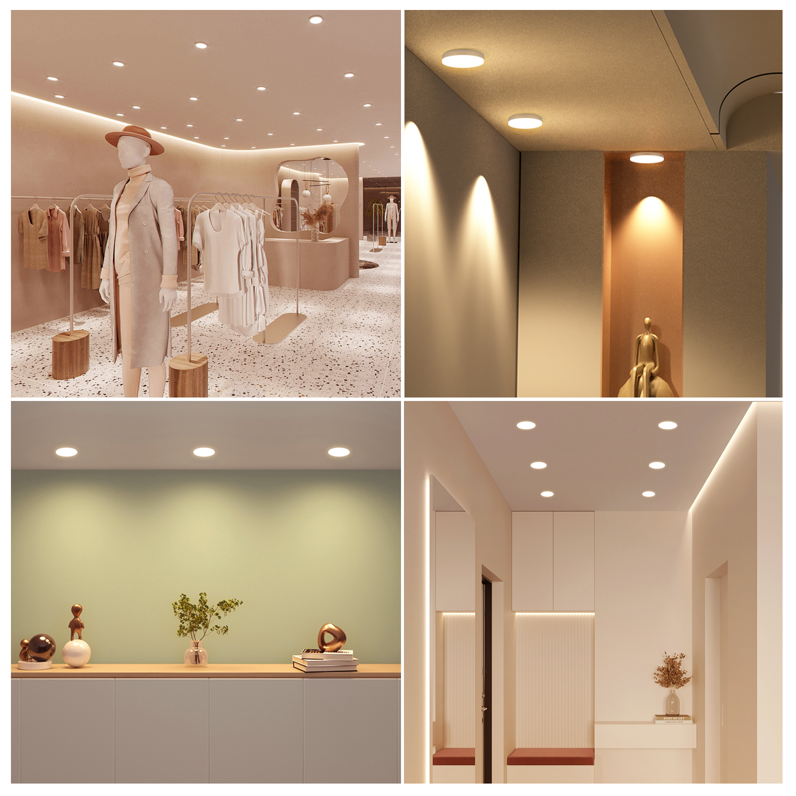 Vier Innenräume mit moderner Beleuchtung: Boutique, Nische, Regal und Flur.