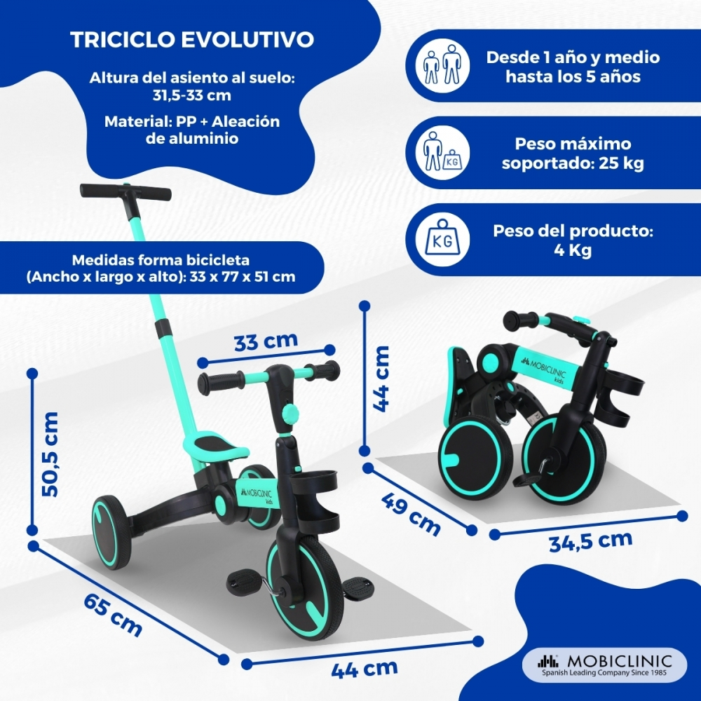 Un híbrido de bicicleta de equilibrio y triciclo turquesa y negro con medidas.