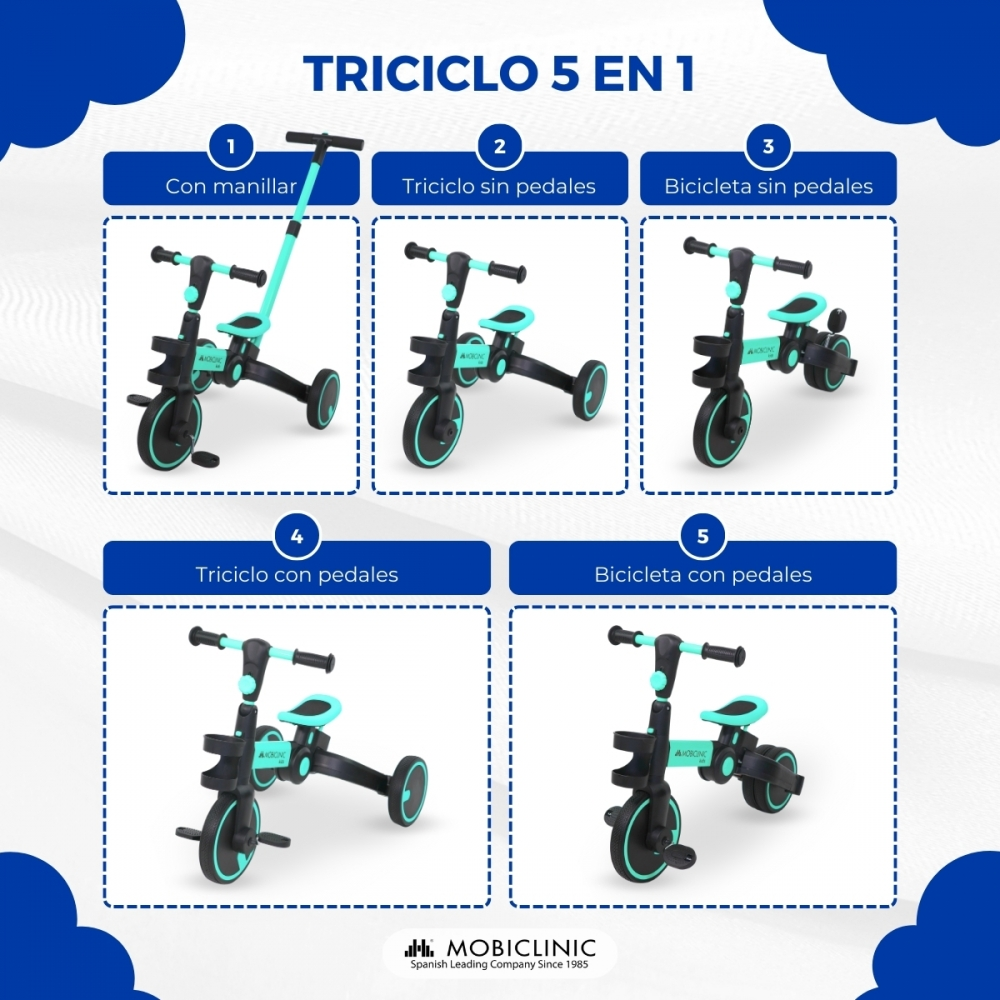 Triciclo 5 en 1: diferentes modos con manillar, pedales y sin.