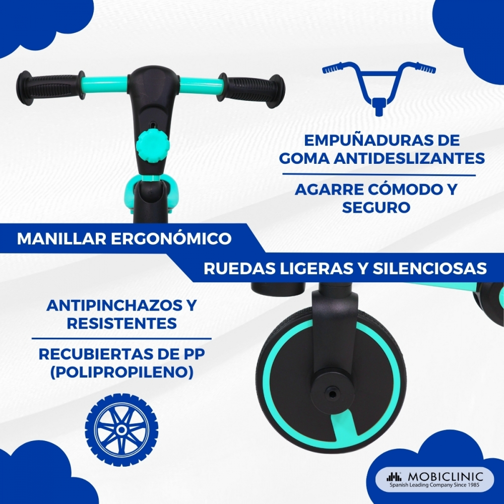 Patinete infantil con manillar ergonómico, puños antideslizantes y ruedas silenciosas.