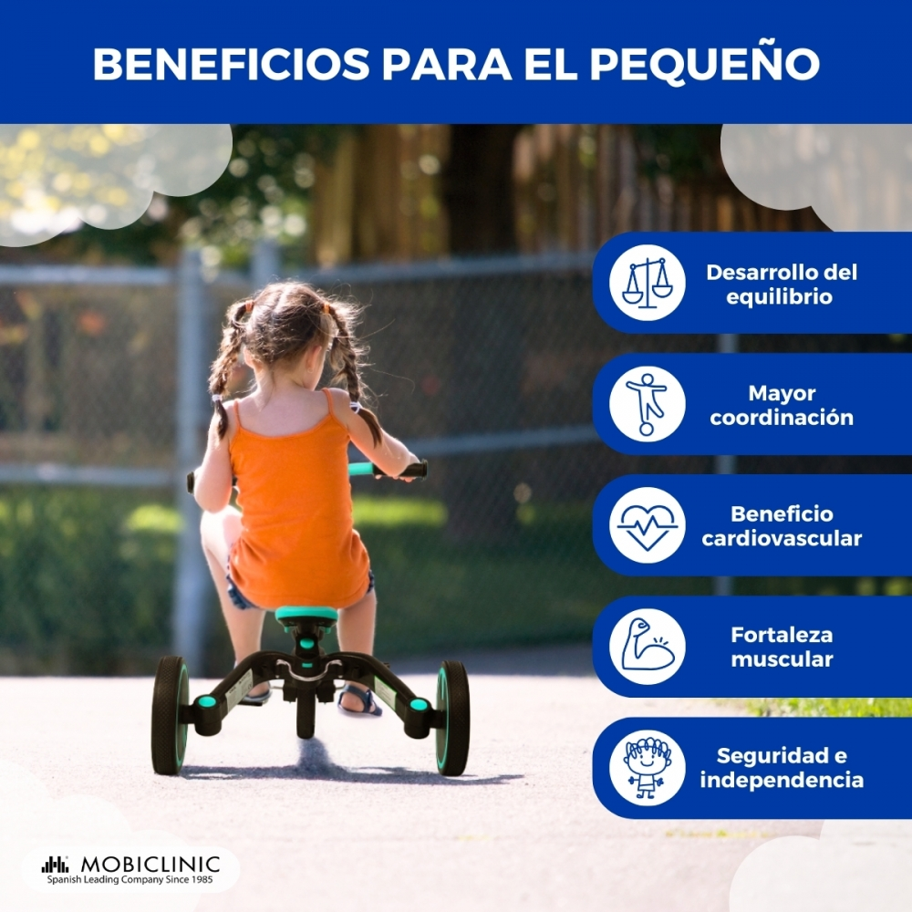 Una niña pequeña monta un triciclo, con beneficios listados al lado.