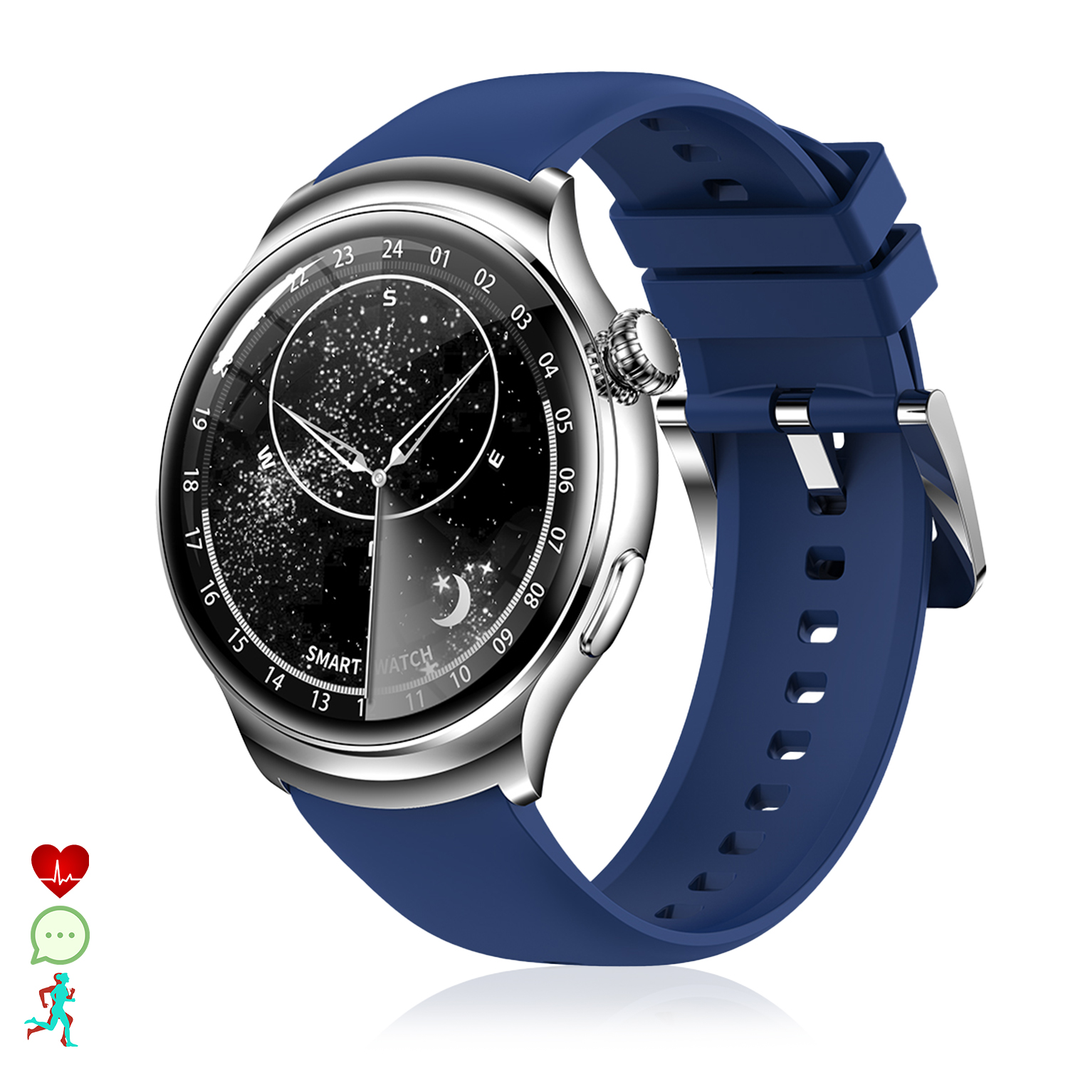 Uno smartwatch blu con cassa argentata e sfondo stellato sul quadrante.