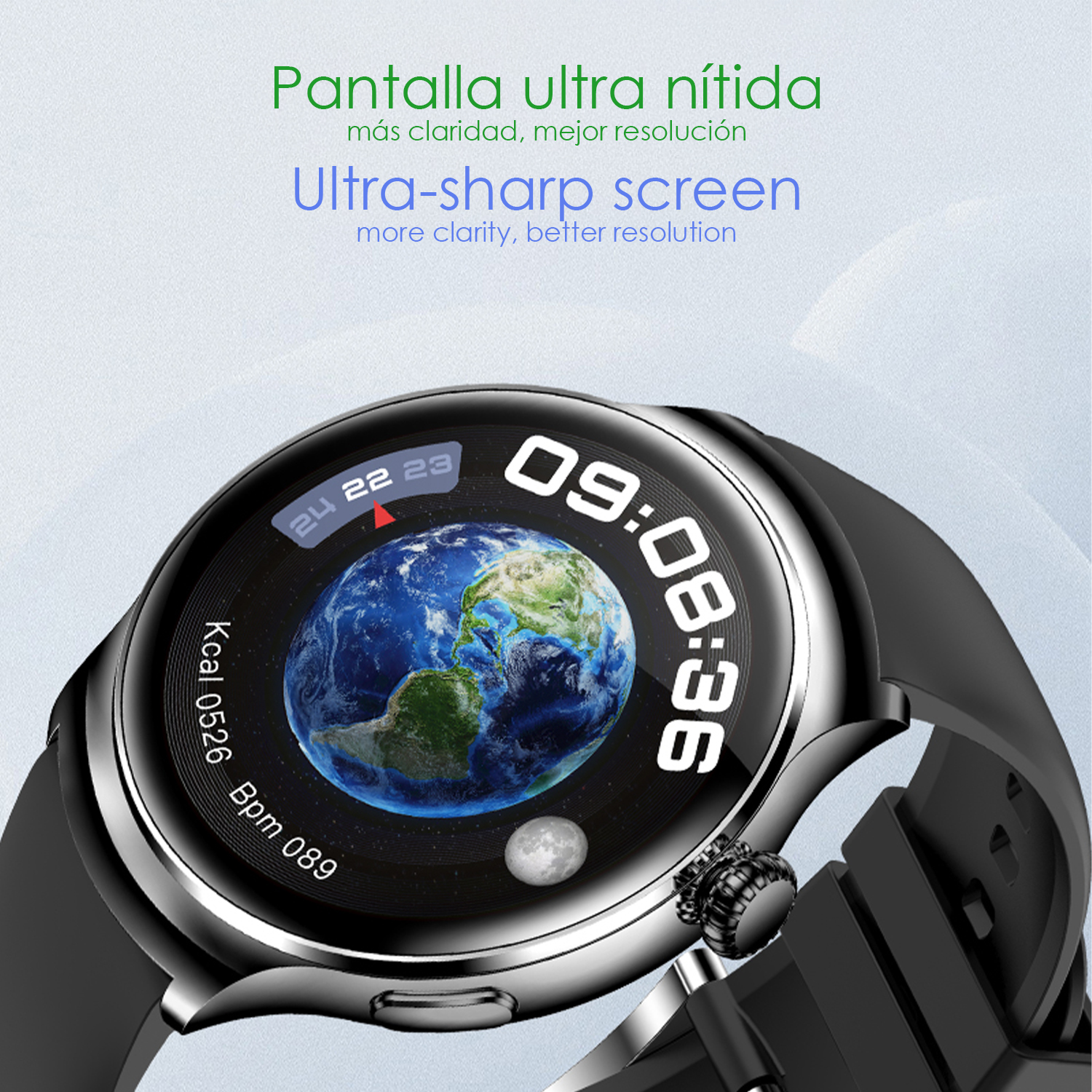 Uno smartwatch mostra Terra, Luna, ora, kcal e bpm.