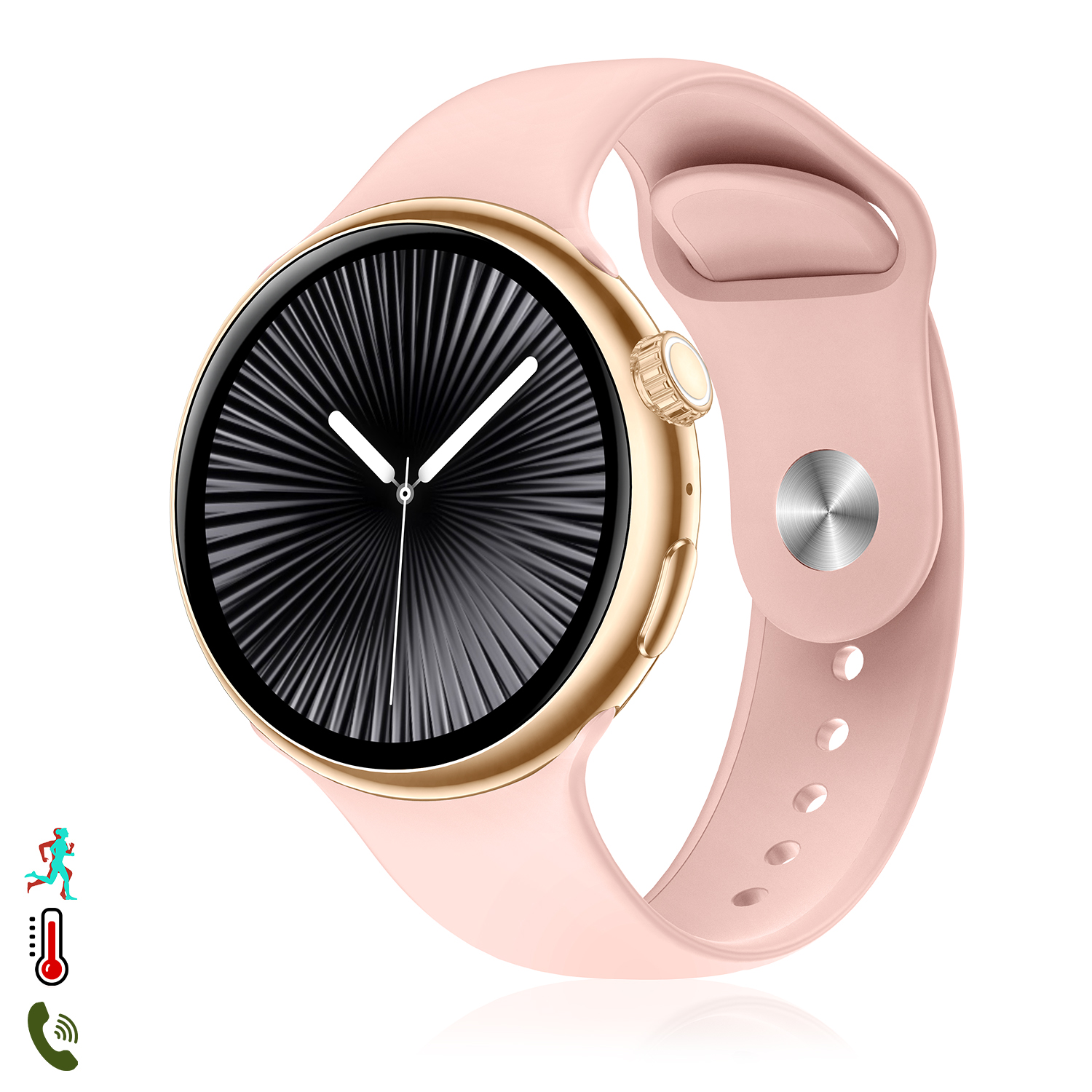 Uno smartwatch rosa con cassa dorata e quadrante nero.