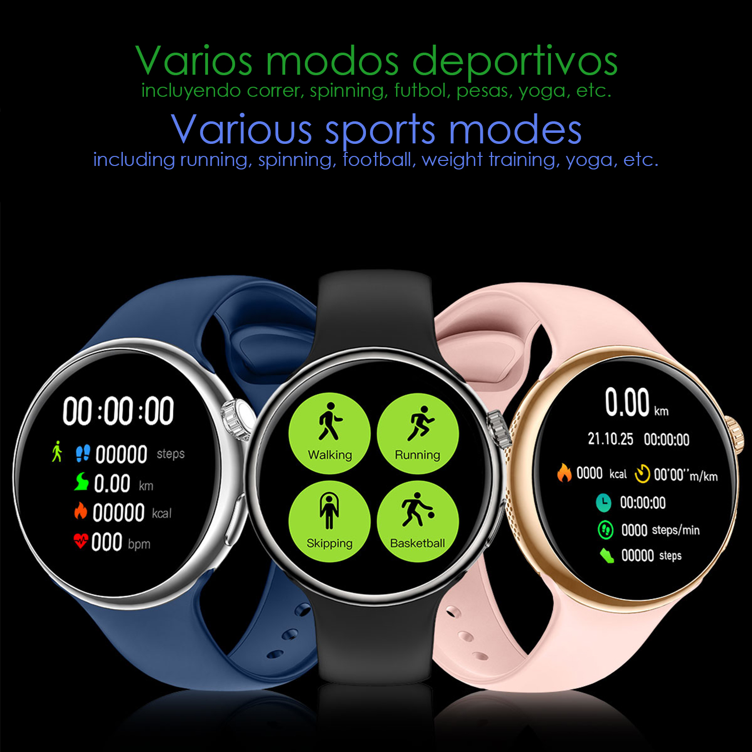 Tre smartwatch blu, nere e rosa mostrano modalità sportive e dati fitness.