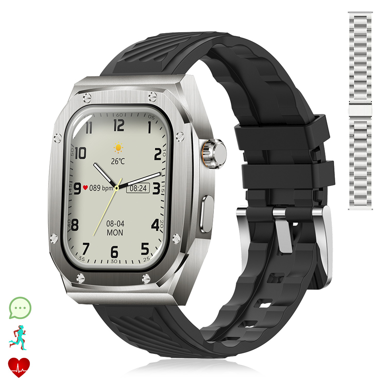 Smartwatch argento con cinturino nero, display digitale ore 08:24.