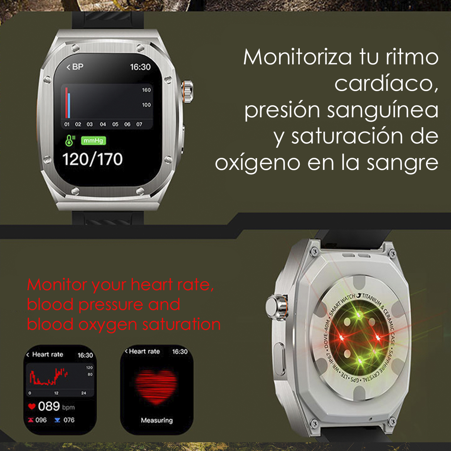 Smartwatch mostra pressione, battito cardiaco e ossigeno. Retro con sensori.