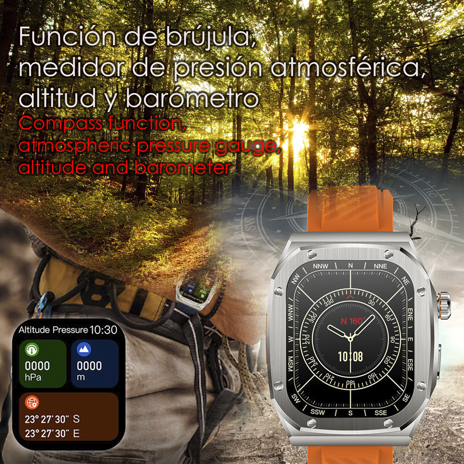 Smartwatch con bussola, altitudine e pressione in foresta.
