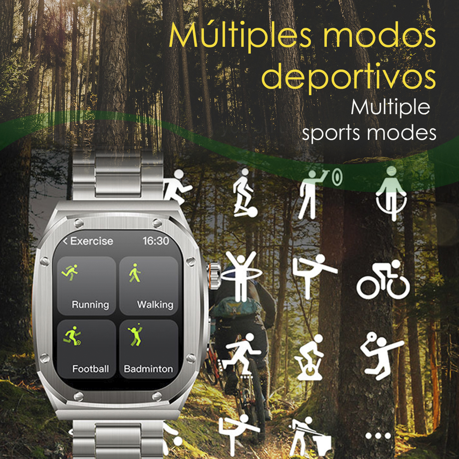 Smartwatch con icone modalità sportive su sfondo foresta.