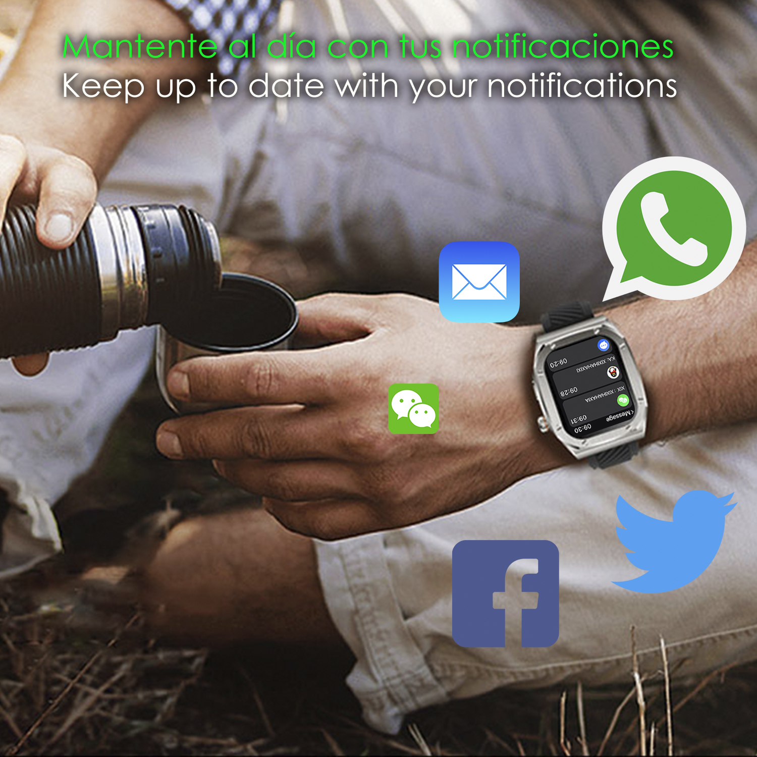 Persona versa da thermos. Smartwatch mostra notifiche app, es. WhatsApp.