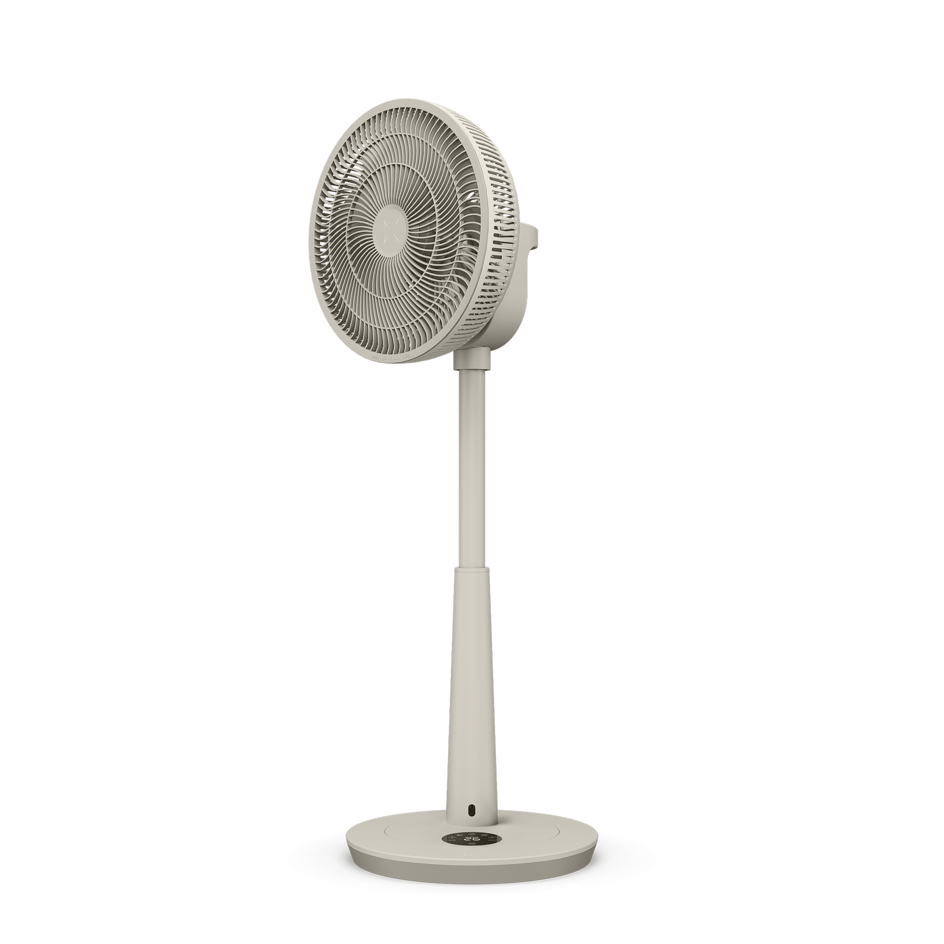 Un ventilateur sur pied beige avec une tête ronde et des commandes à la base.