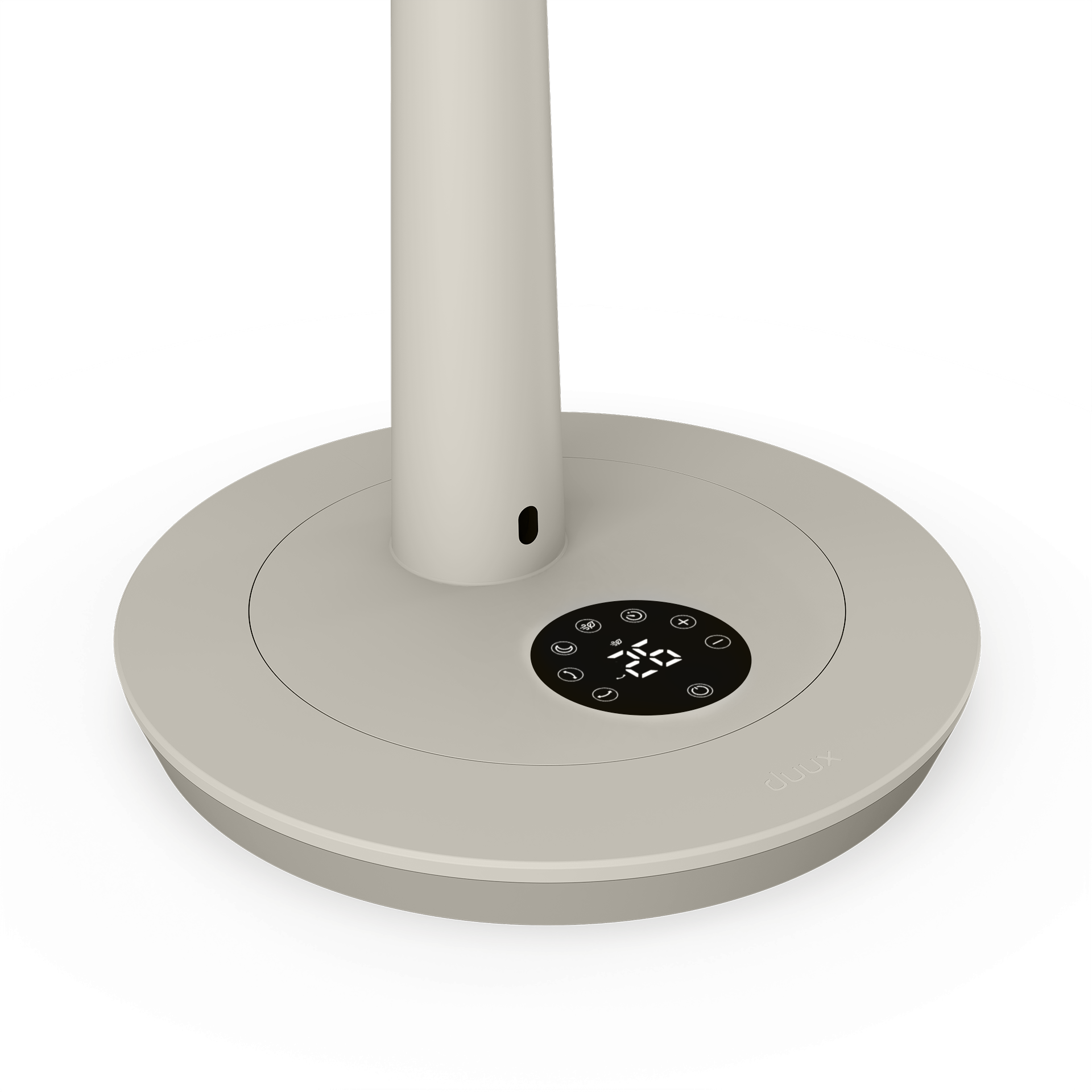 Base de ventilateur beige avec écran numérique et boutons de commande.