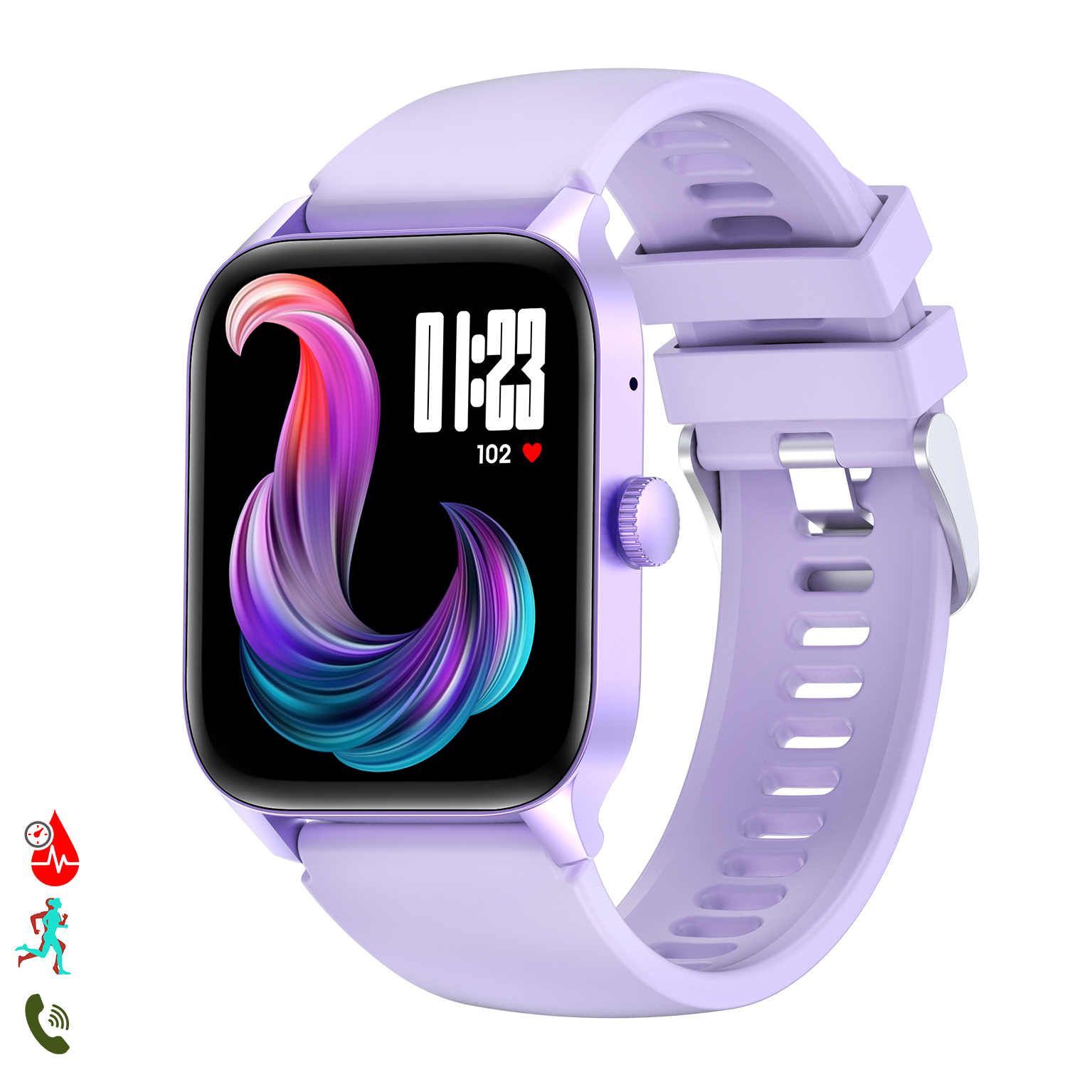 Smartwatch viola con quadrante colorato che mostra ora e battito cardiaco.