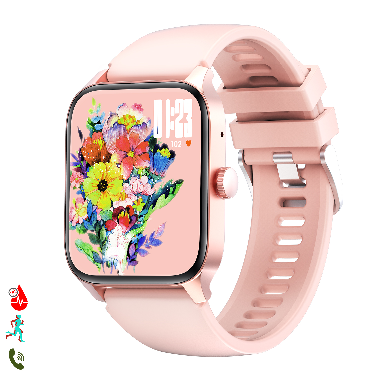 Uno smartwatch rosa con quadrante floreale, ora e battito cardiaco.