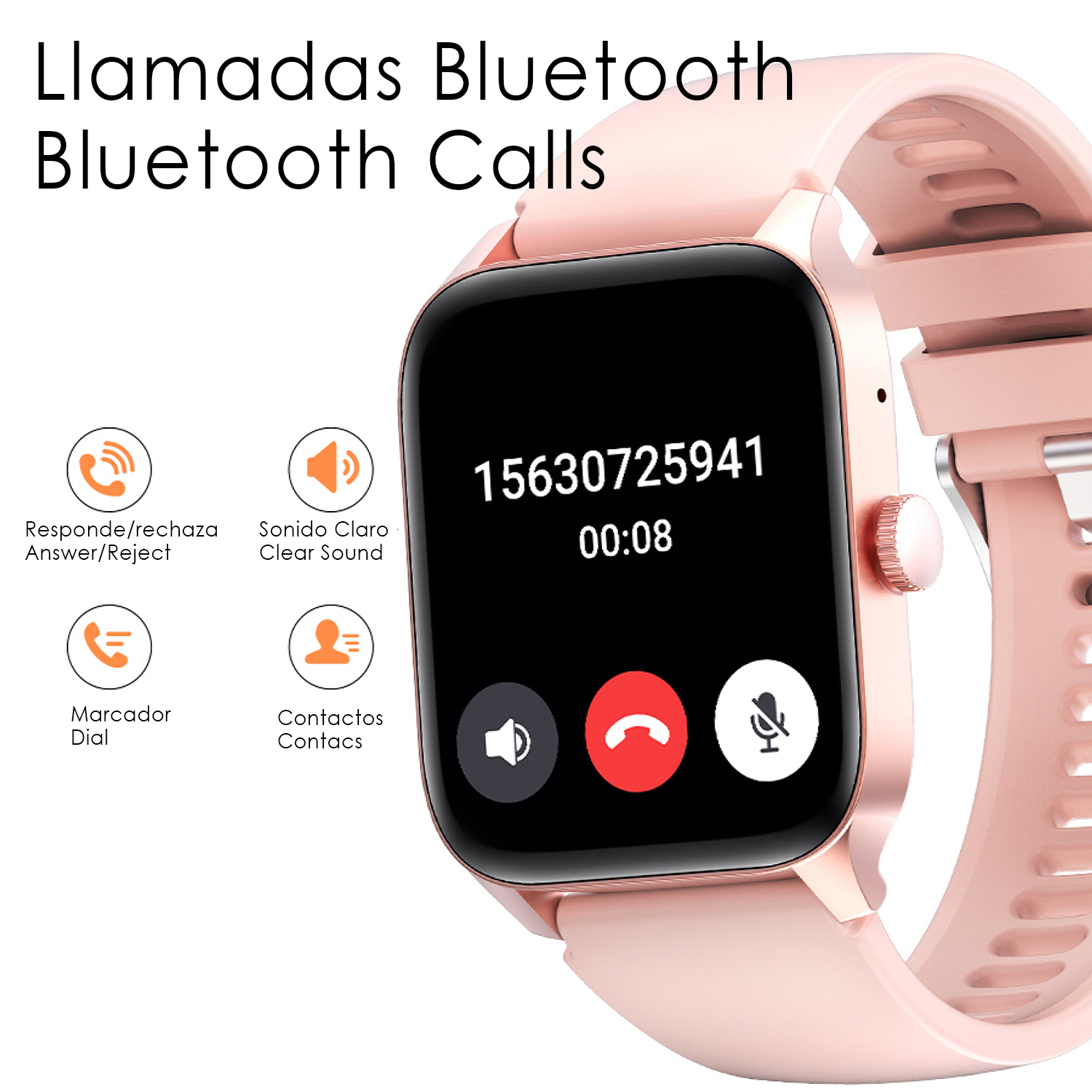 Uno smartwatch rosa mostra una chiamata in arrivo con numero e opzioni per rispondere/rifiutare.