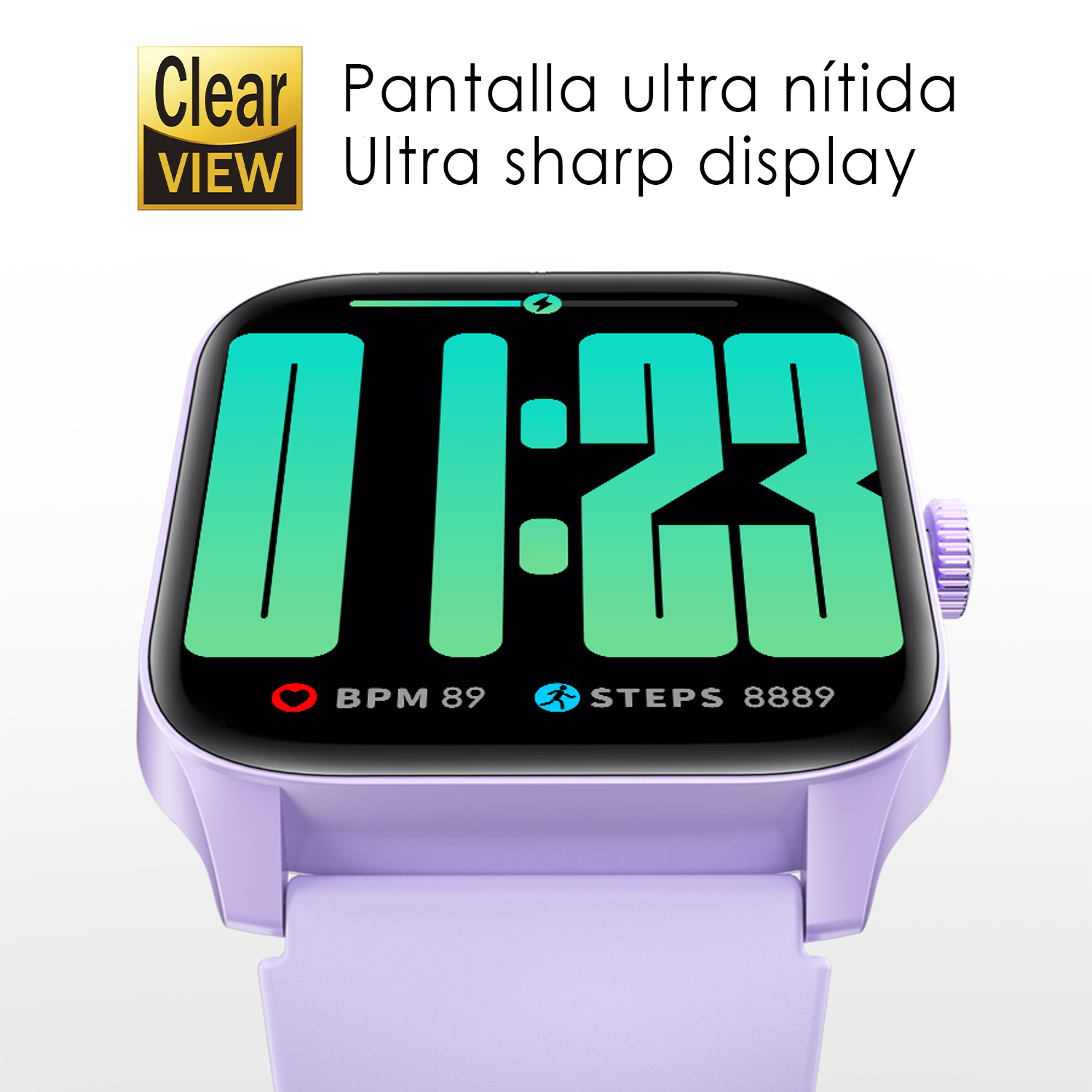 Uno smartwatch viola mostra 01:23, 89 BPM e 8889 passi sul suo grande schermo.