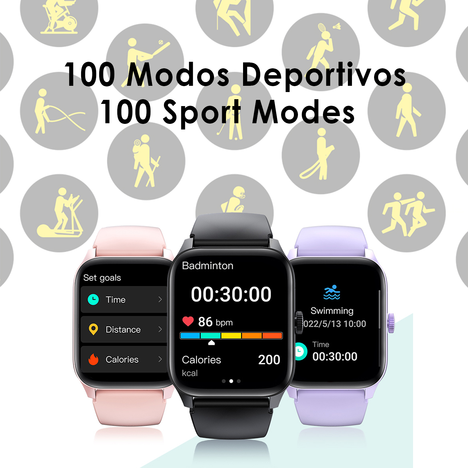 Tre smartwatch rosa, nero e viola mostrano icone e testo delle modalità sportive.