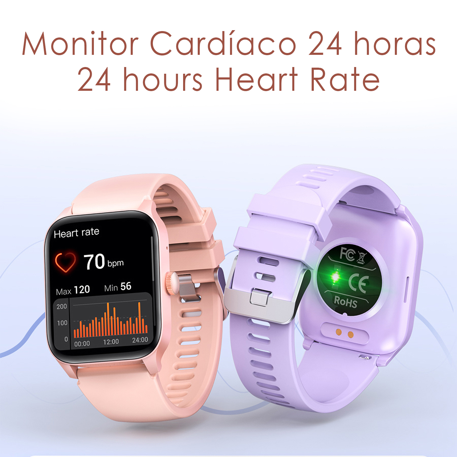 Due smartwatch, una rosa con battito cardiaco, una viola con marchio CE.