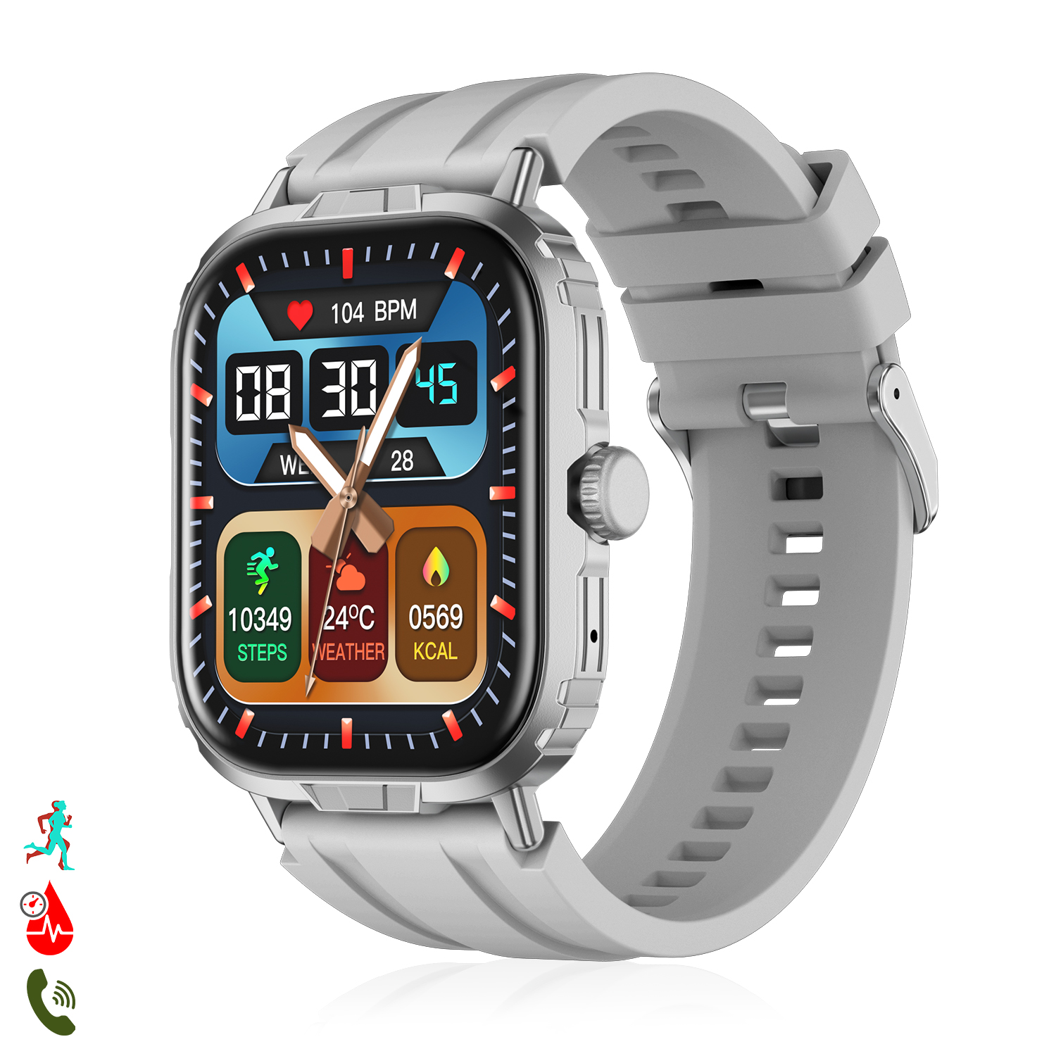 Smartwatch grigio con cassa argentata e display colorato che mostra ora, passi, meteo e calorie.