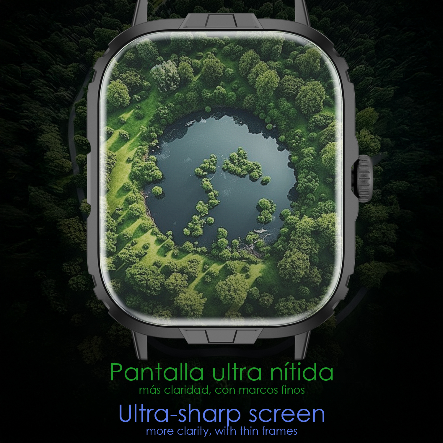 Un display rettangolare nero da smartwatch mostra un paesaggio di foresta verde.